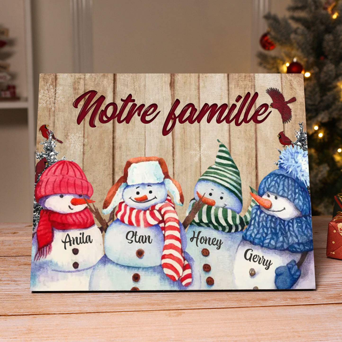 Cadre en Bois Bonhommes de Neige 4 Prénoms Personnalisés avec texte Cadeau pour Noël | Jessemade