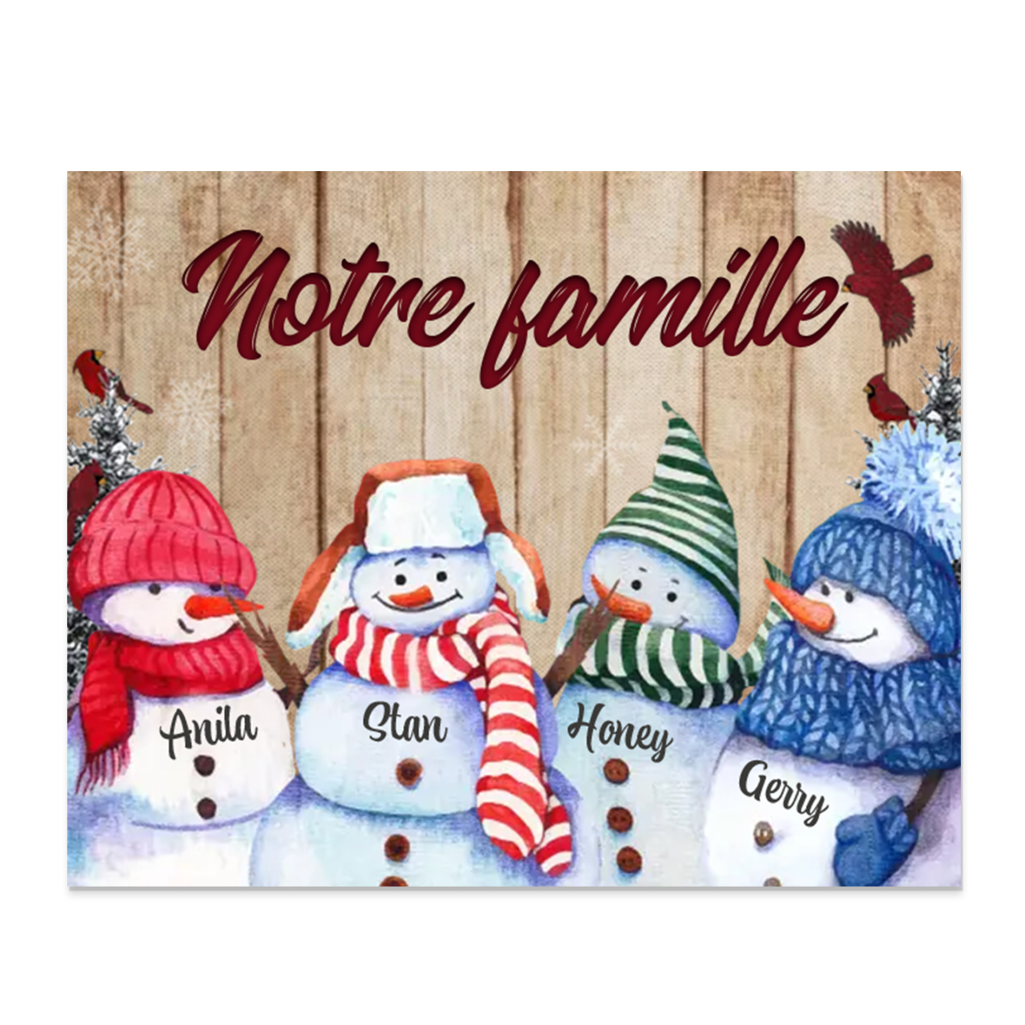 Cadre en Bois Bonhommes de Neige 4 Prénoms Personnalisés avec texte Ca