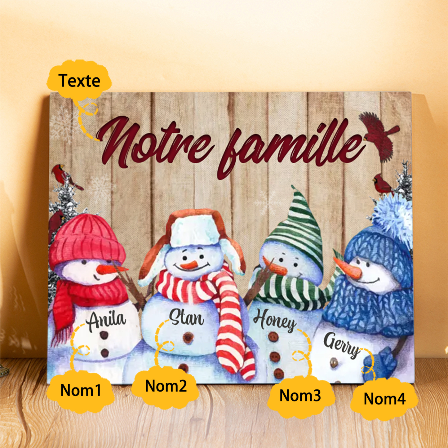 Cadre en Bois Bonhommes de Neige 4 Prénoms Personnalisés avec texte Cadeau pour Noël | Jessemade