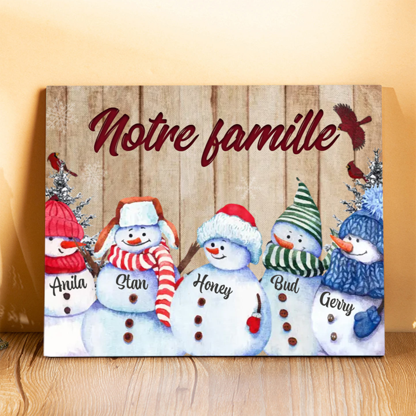 Cadre en Bois Bonhommes de Neige 5 Prénoms Personnalisés avec texte Cadeau pour Noël | Jessemade