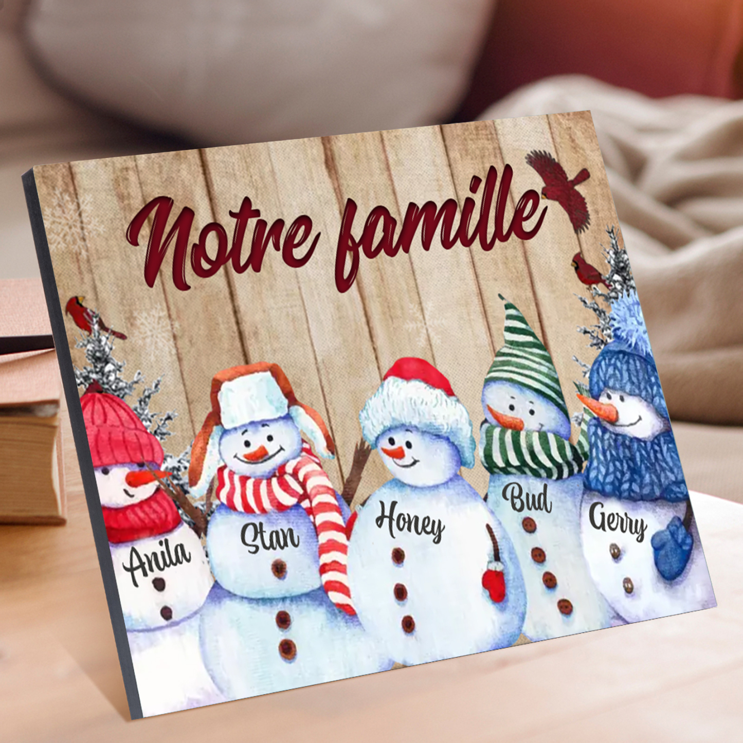 Cadre en Bois Bonhommes de Neige 5 Prénoms Personnalisés avec texte Cadeau pour Noël | Jessemade
