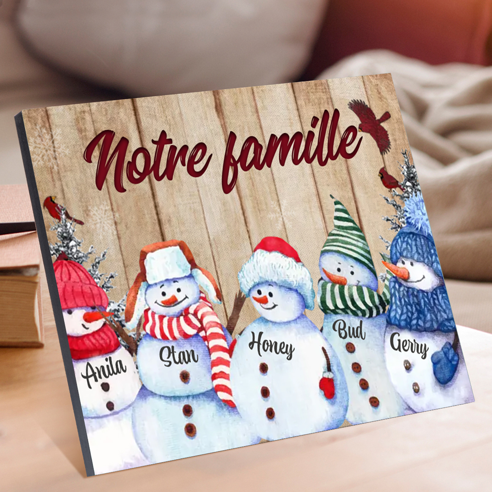 Cadre en Bois Bonhommes de Neige 5 Prénoms Personnalisés avec texte Cadeau pour Noël | Jessemade