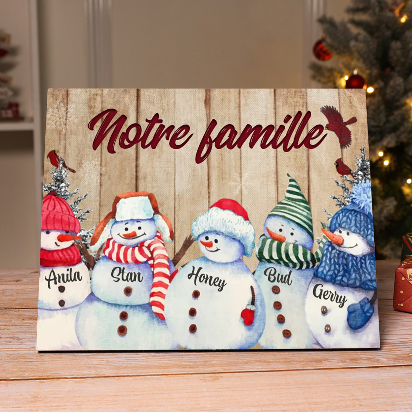 Cadre en Bois Bonhommes de Neige 5 Prénoms Personnalisés avec texte Cadeau pour Noël | Jessemade
