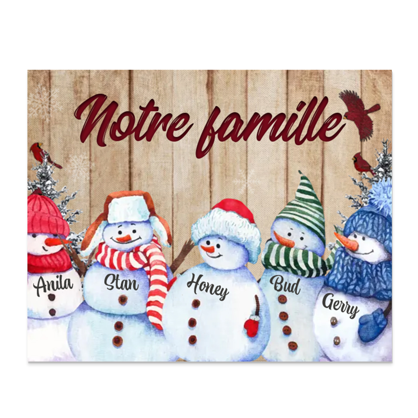Cadre en Bois Bonhommes de Neige 5 Prénoms Personnalisés avec texte Ca