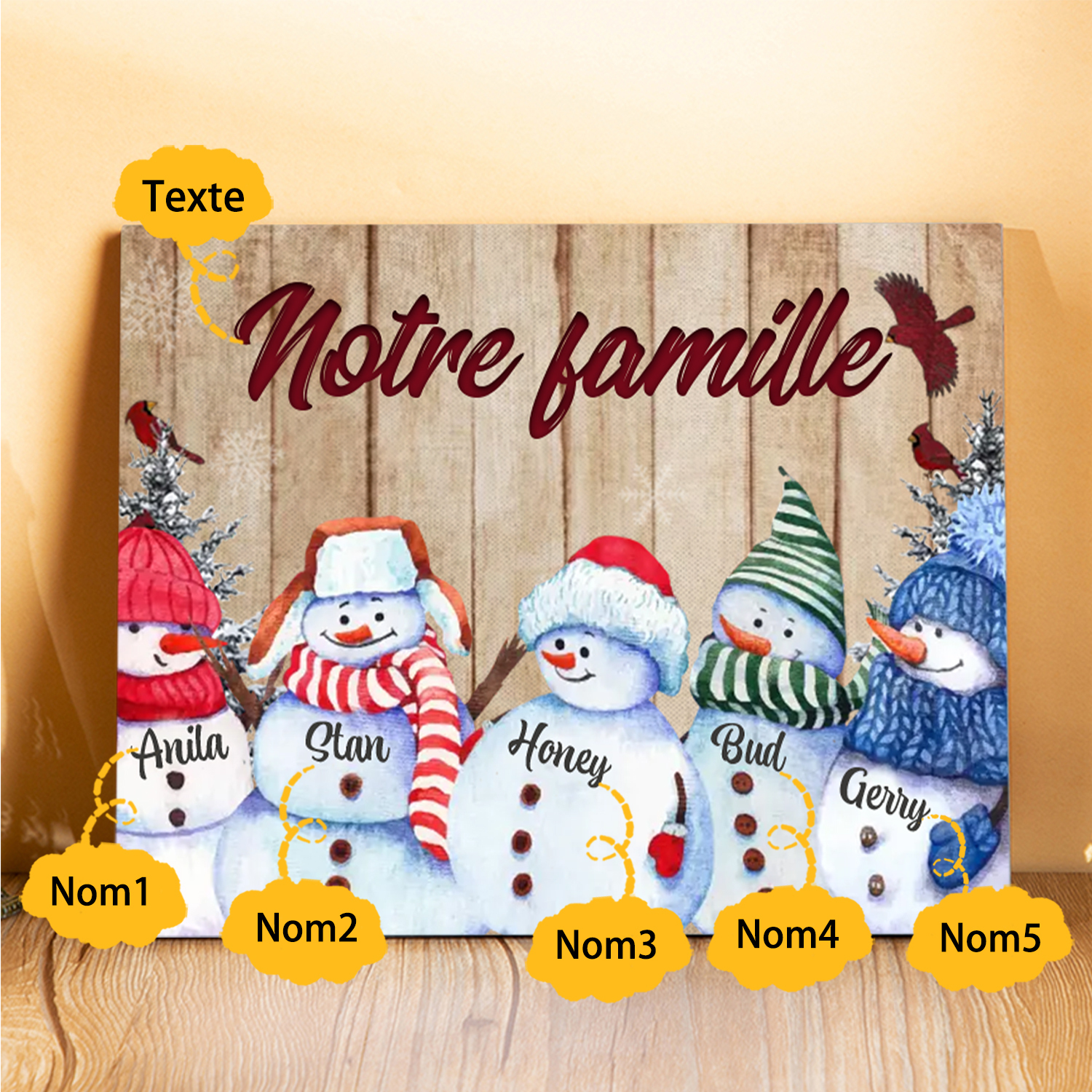 Cadre en Bois Bonhommes de Neige 5 Prénoms Personnalisés avec texte Cadeau pour Noël | Jessemade