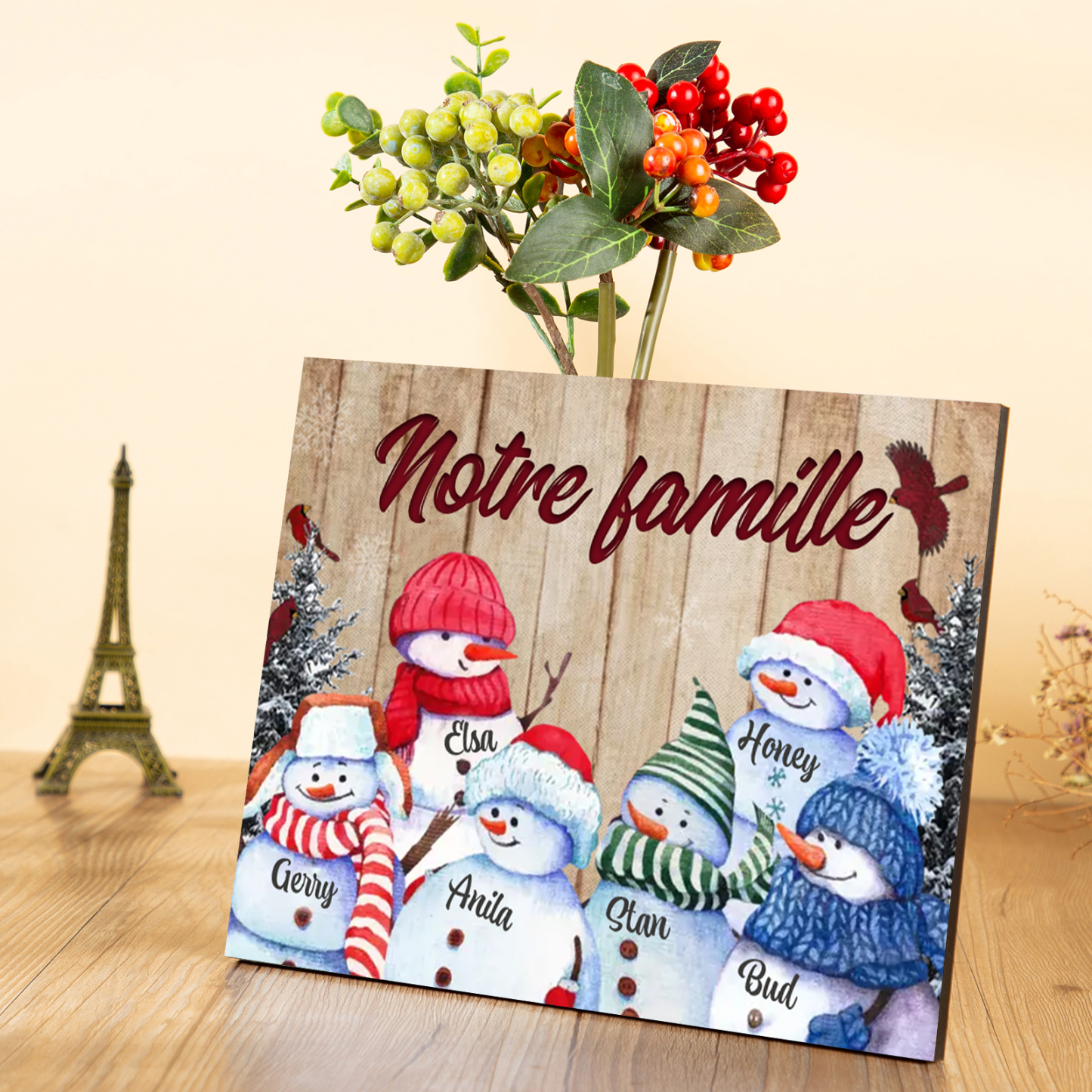 Cadre en Bois Bonhommes de Neige 6 Prénoms Personnalisés avec texte Cadeau pour Noël | Jessemade