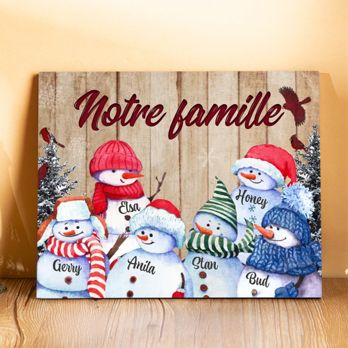Cadre en Bois Bonhommes de Neige 6 Prénoms Personnalisés avec texte Cadeau pour Noël | Jessemade