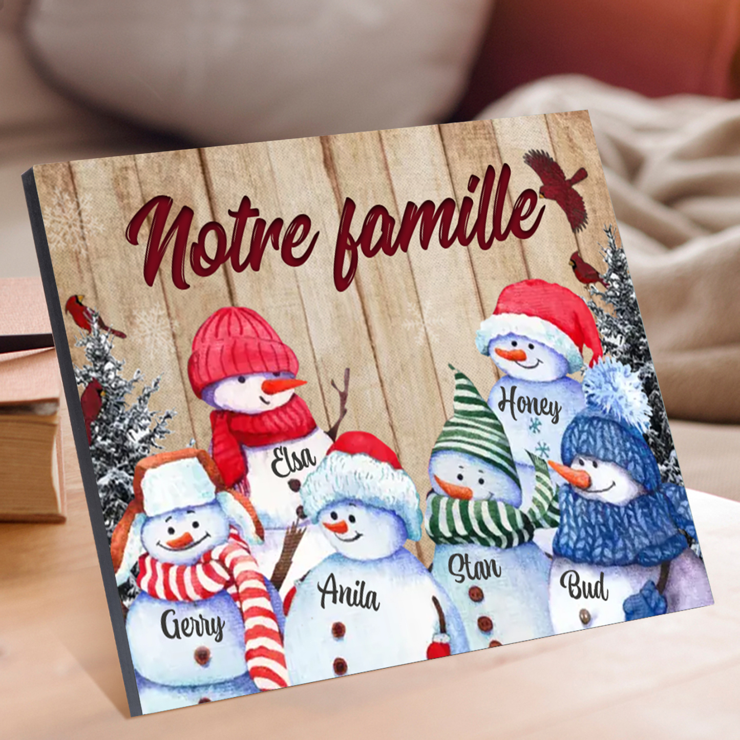Cadre en Bois Bonhommes de Neige 6 Prénoms Personnalisés avec texte Cadeau pour Noël | Jessemade