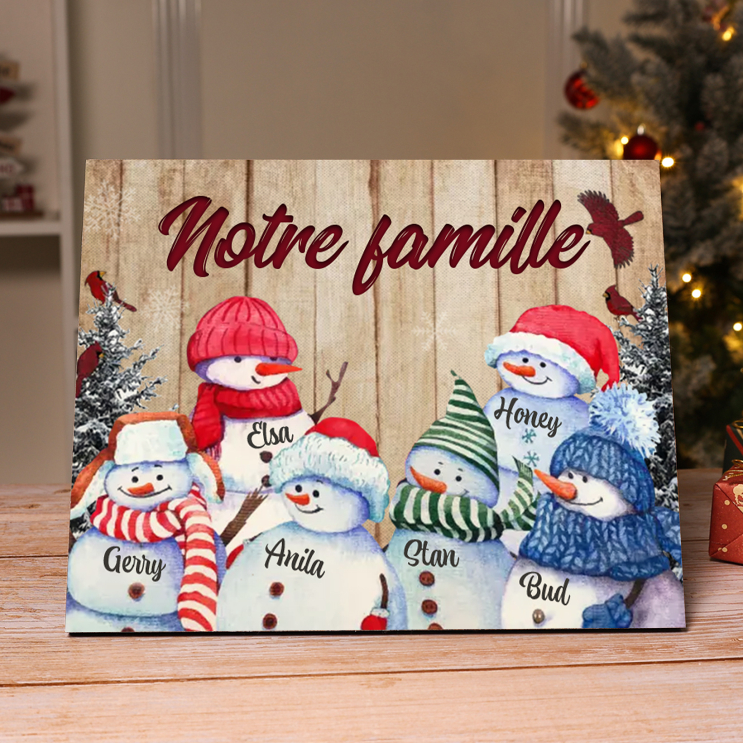 Cadre en Bois Bonhommes de Neige 6 Prénoms Personnalisés avec texte Cadeau pour Noël | Jessemade
