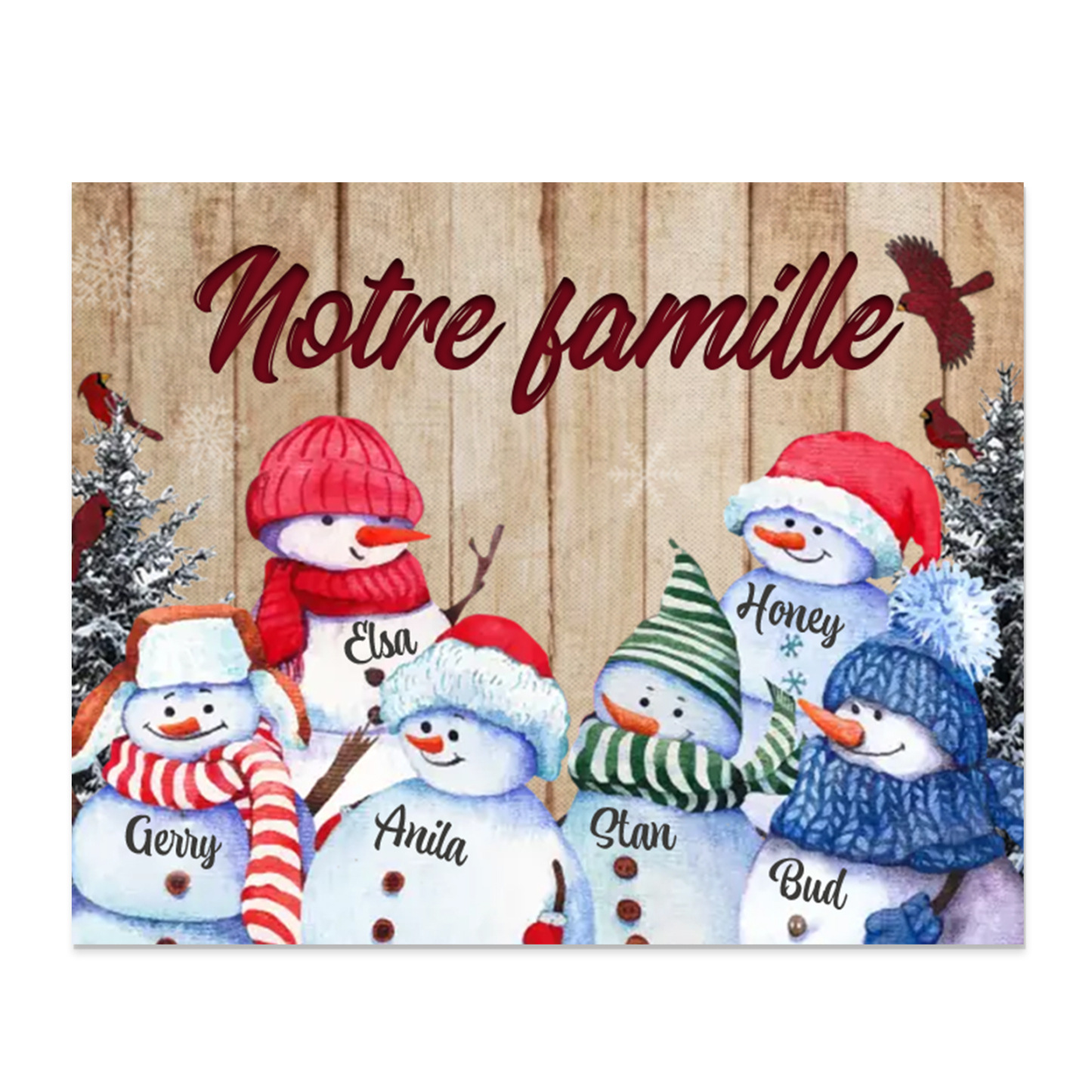 Cadre en Bois Bonhommes de Neige 6 Prénoms Personnalisés avec texte Ca