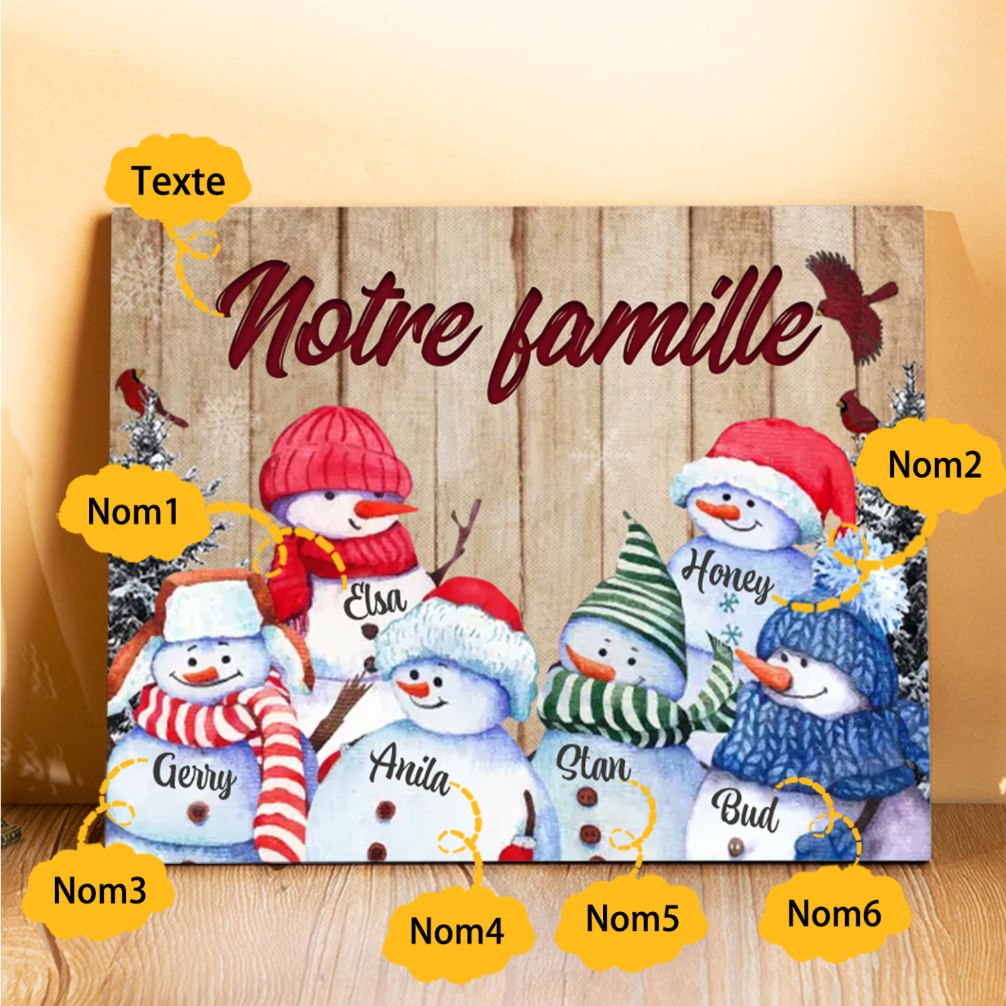 Cadre en Bois Bonhommes de Neige 6 Prénoms Personnalisés avec texte Cadeau pour Noël | Jessemade