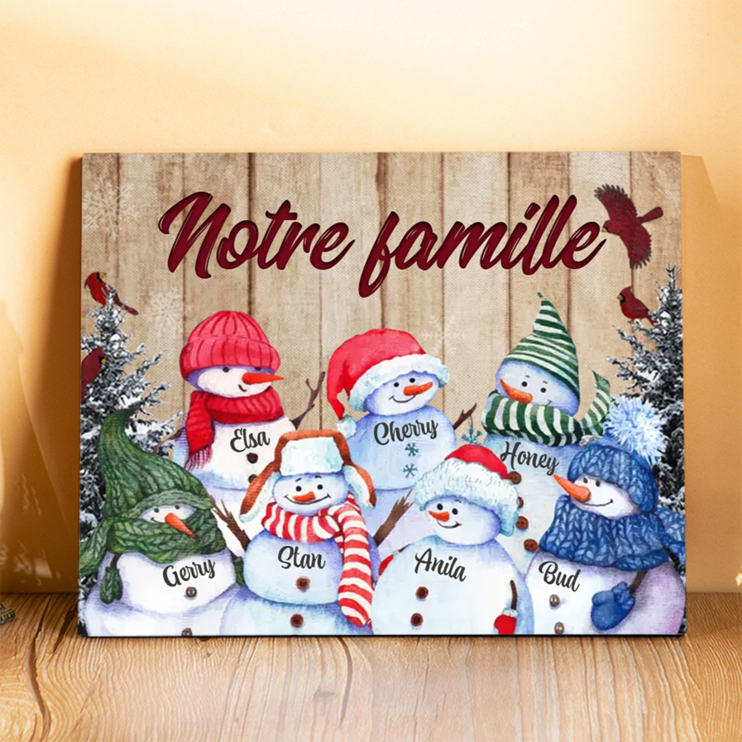 Cadre en Bois Bonhommes de Neige 7 Prénoms Personnalisés avec texte Cadeau pour Noël | Jessemade