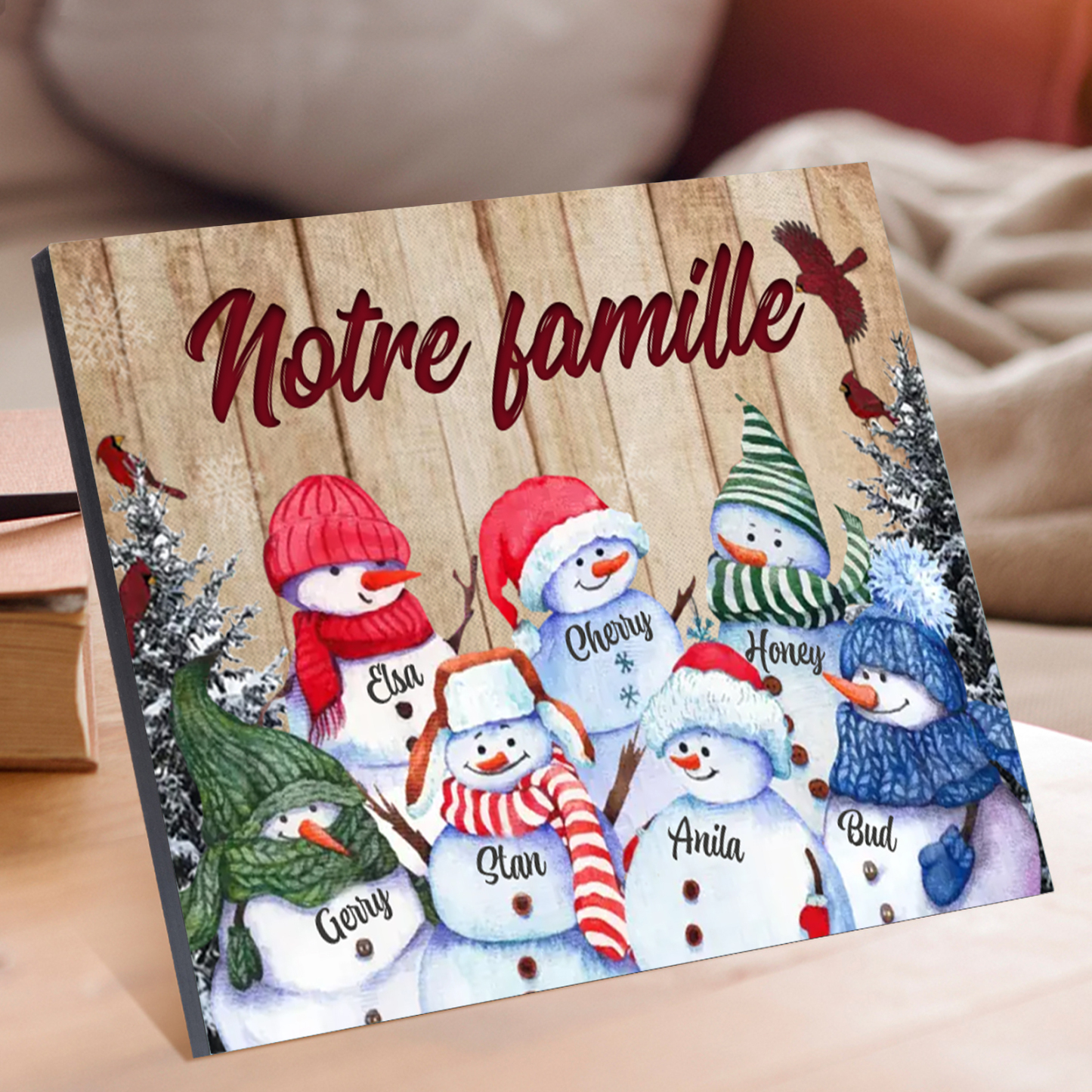 Cadre en Bois Bonhommes de Neige 7 Prénoms Personnalisés avec texte Cadeau pour Noël | Jessemade