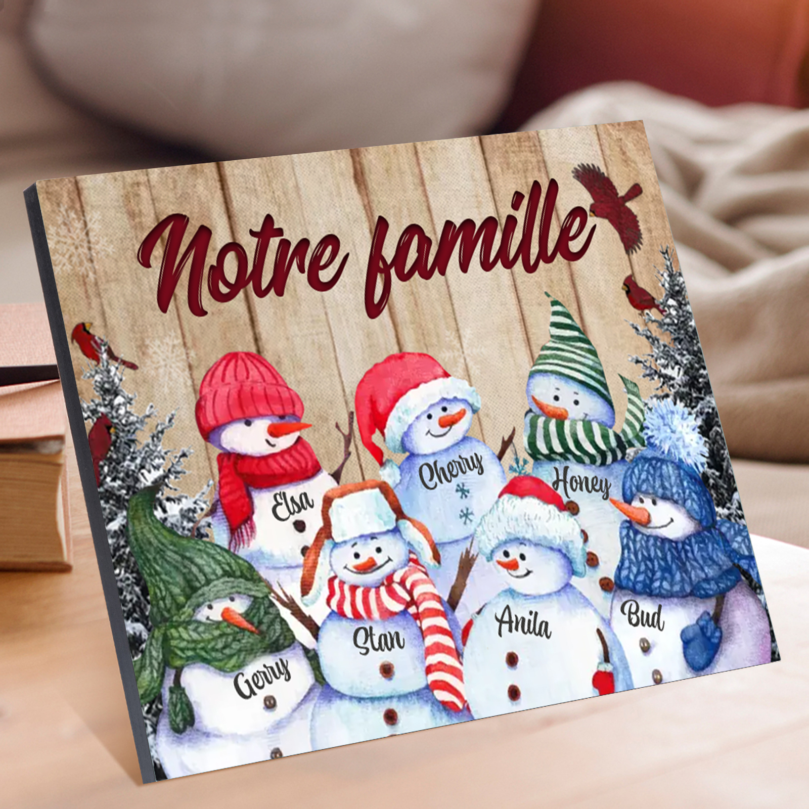 Cadre en Bois Bonhommes de Neige 7 Prénoms Personnalisés avec texte Cadeau pour Noël | Jessemade