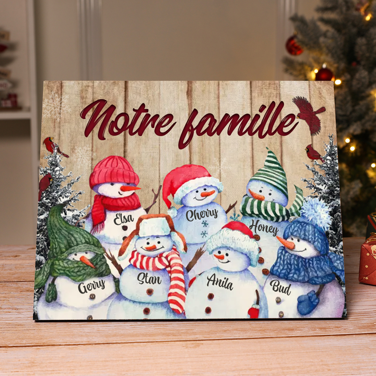 Cadre en Bois Bonhommes de Neige 7 Prénoms Personnalisés avec texte Cadeau pour Noël | Jessemade