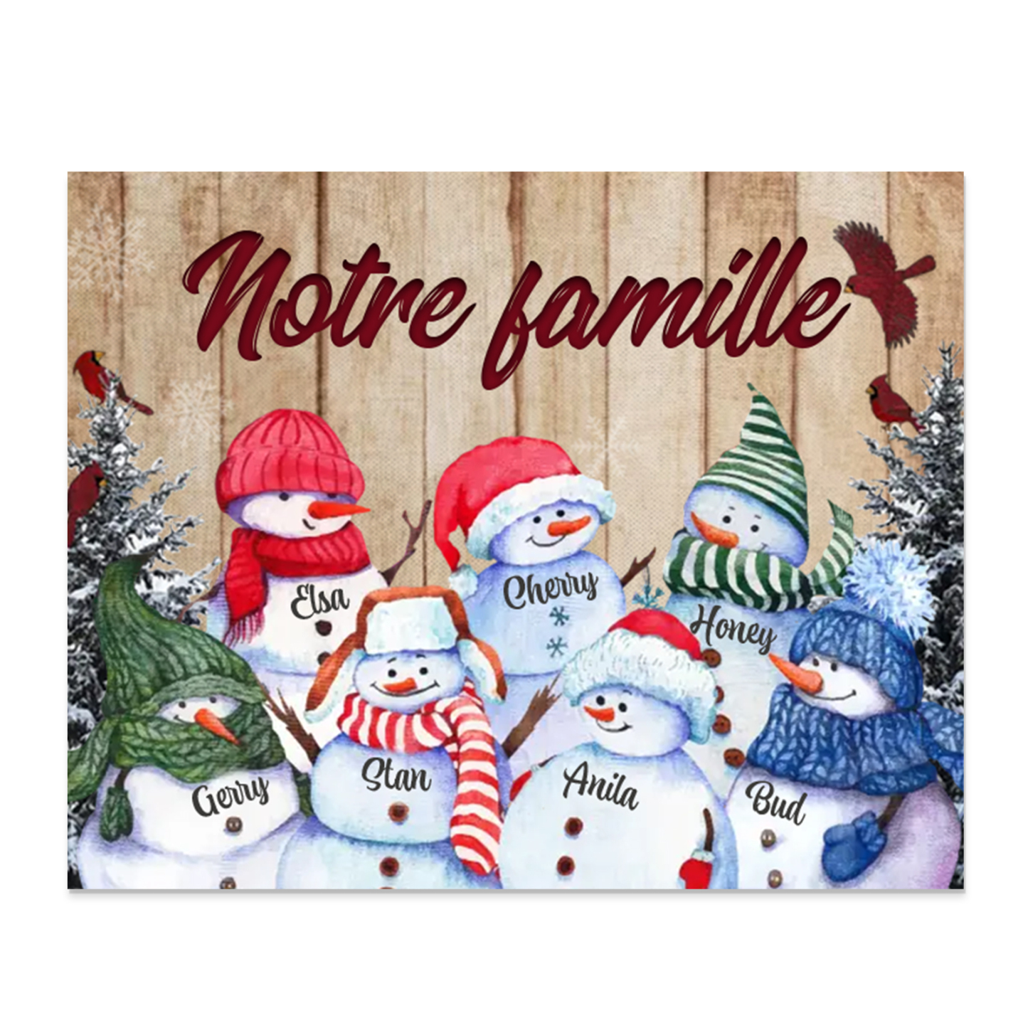 Cadre en Bois Bonhommes de Neige 7 Prénoms Personnalisés avec texte Ca