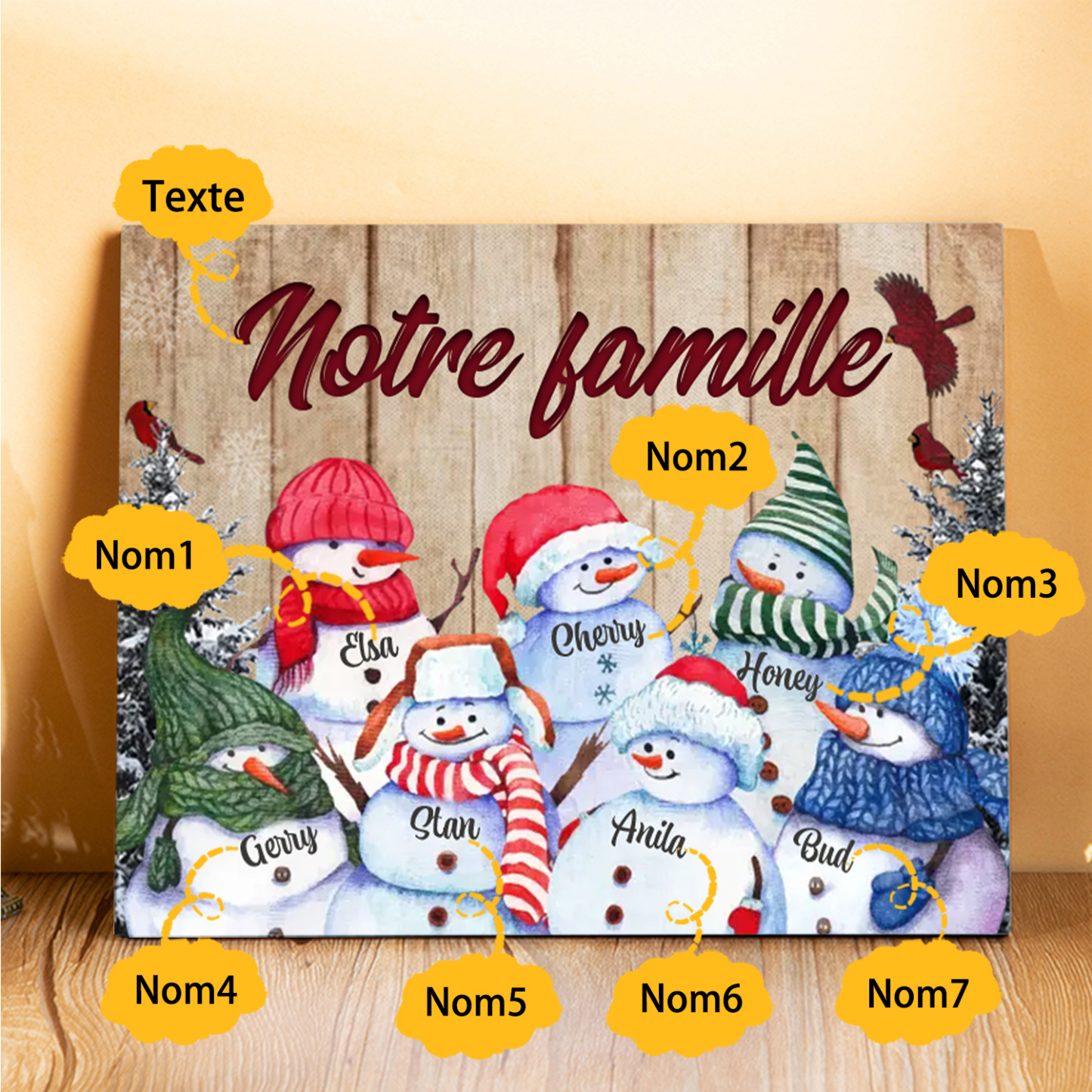 Cadre en Bois Bonhommes de Neige 7 Prénoms Personnalisés avec texte Cadeau pour Noël | Jessemade