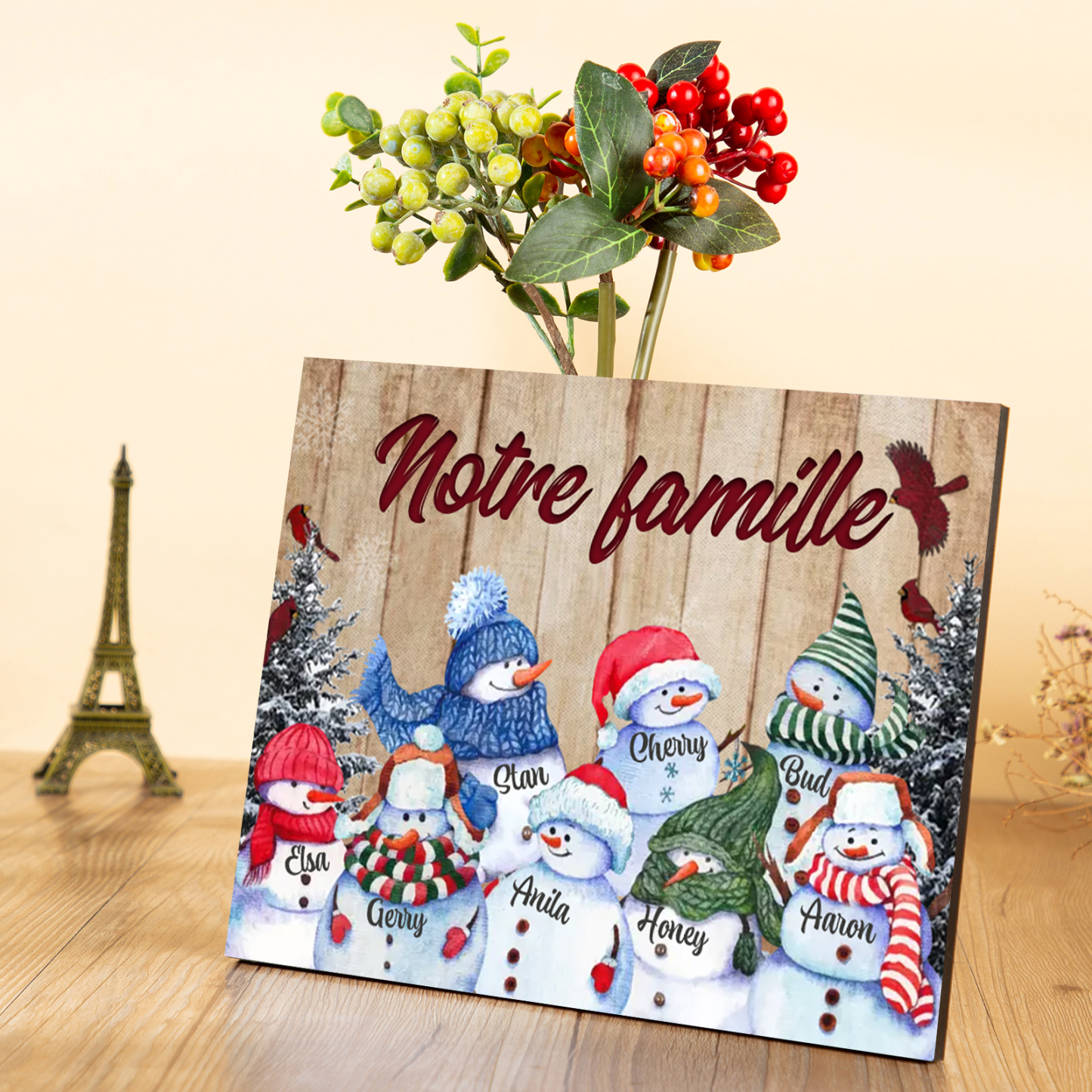 Cadre en Bois Bonhommes de Neige 8 Prénoms Personnalisés avec texte Cadeau pour Noël | Jessemade