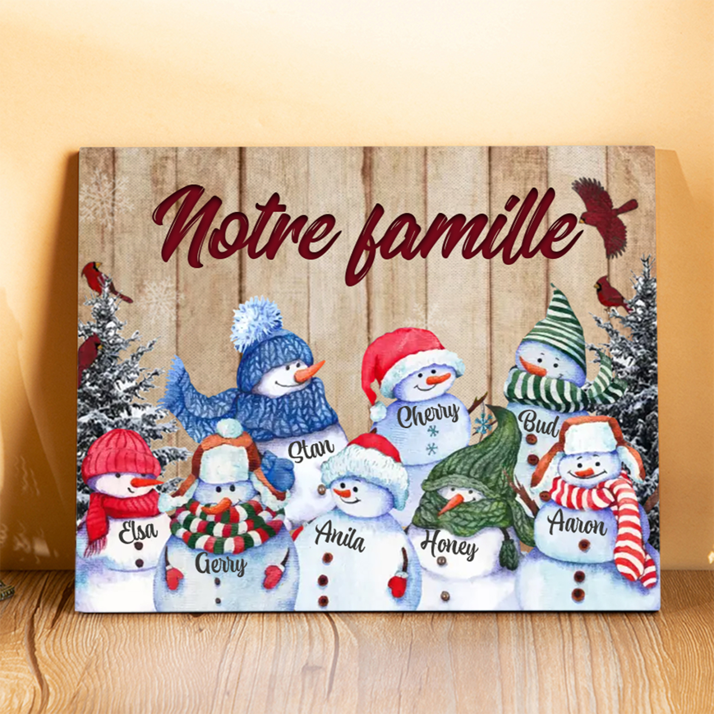 Cadre en Bois Bonhommes de Neige 8 Prénoms Personnalisés avec texte Cadeau pour Noël | Jessemade