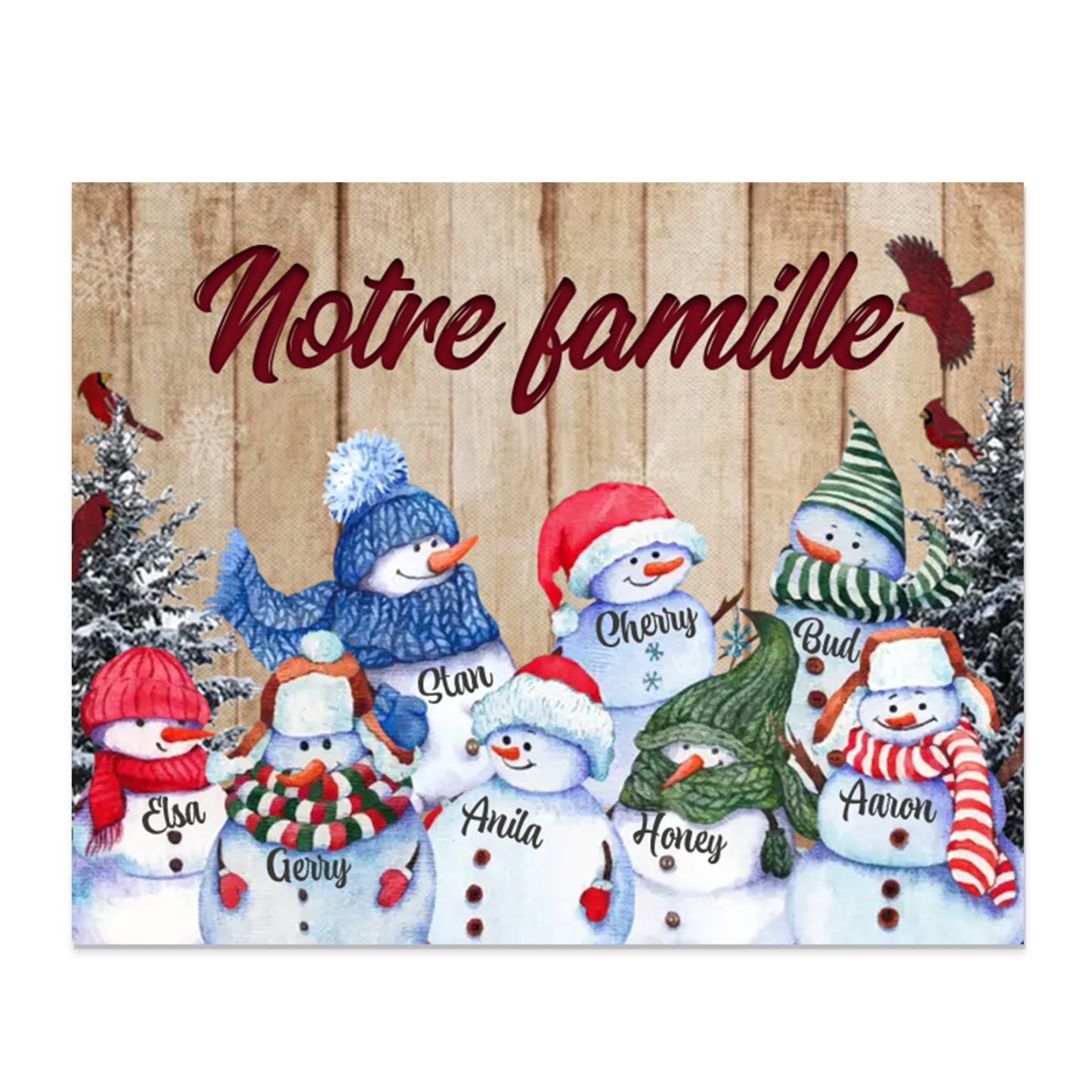 Cadre en Bois Bonhommes de Neige 8 Prénoms Personnalisés avec texte Ca