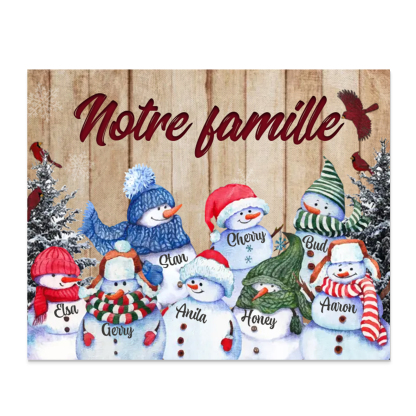 Cadre en Bois Bonhommes de Neige 8 Prénoms Personnalisés avec texte Ca