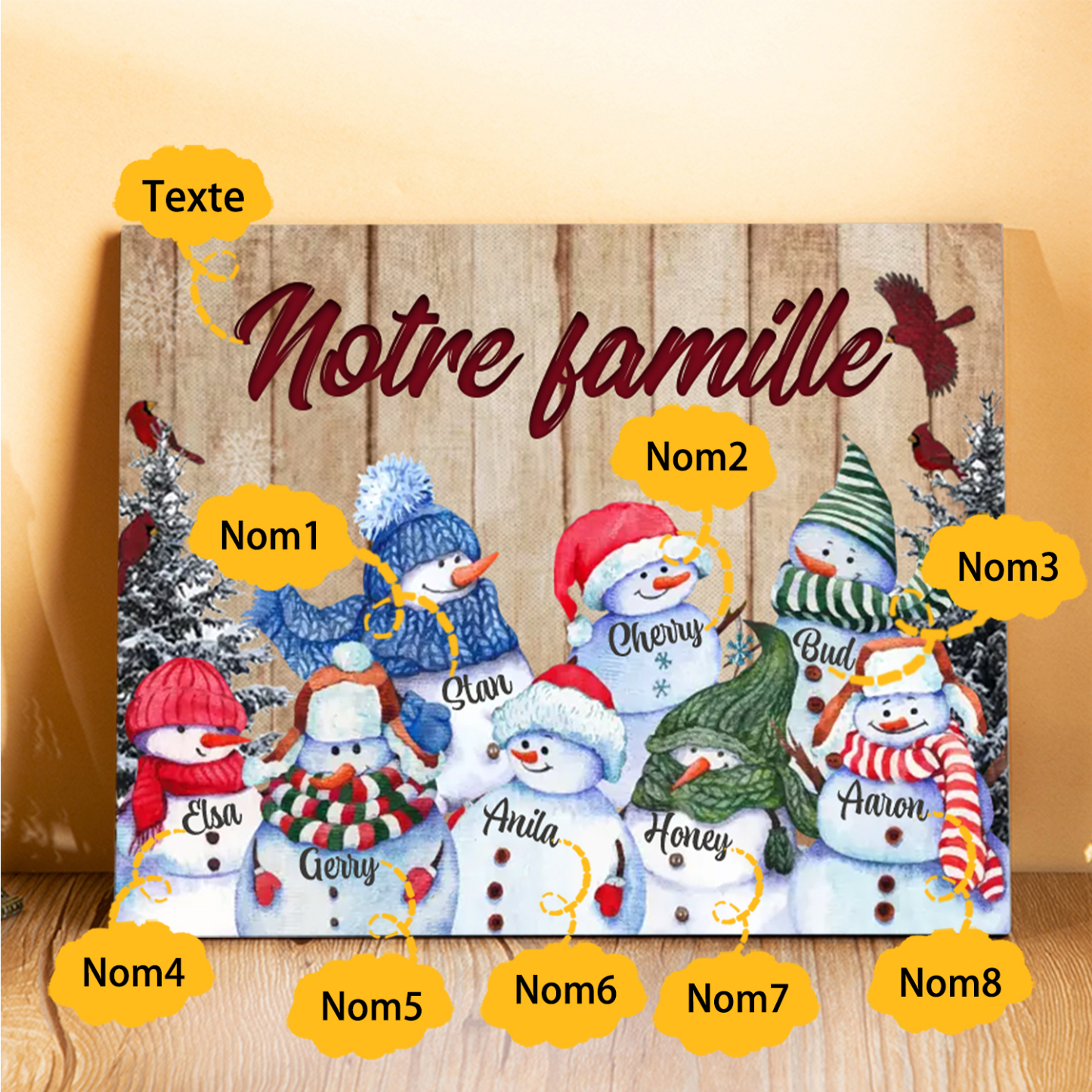 Cadre en Bois Bonhommes de Neige 8 Prénoms Personnalisés avec texte Cadeau pour Noël | Jessemade