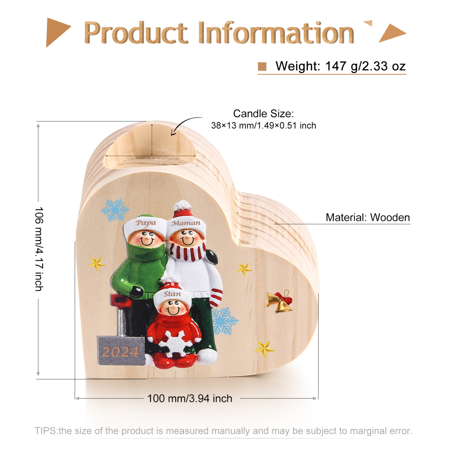 Bougeoir en Bois 3 Prénoms Personnalisés avec année sans bougie Cadeau Chaleureux pour la Famille | Jessemade