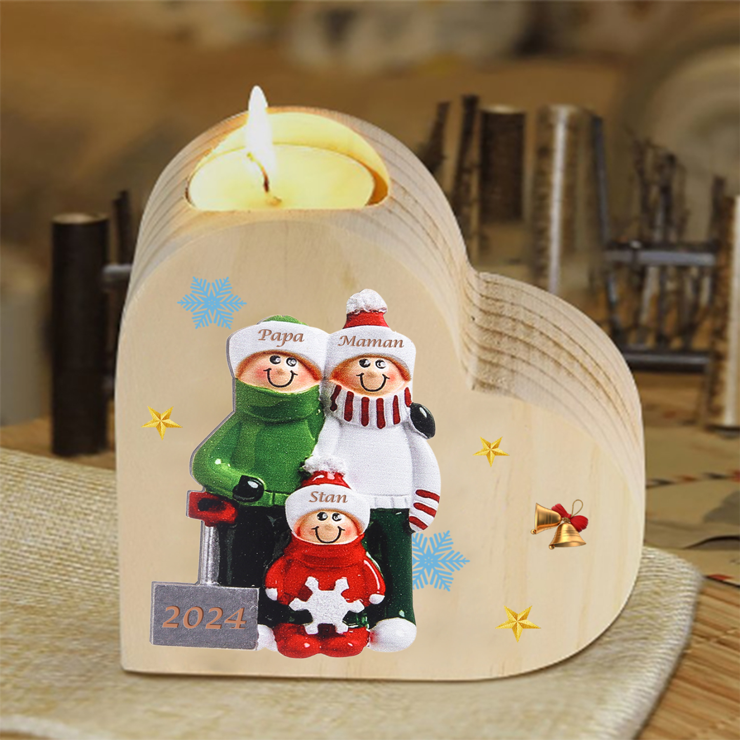 Bougeoir en Bois 3 Prénoms Personnalisés avec année sans bougie Cadeau Chaleureux pour la Famille | Jessemade