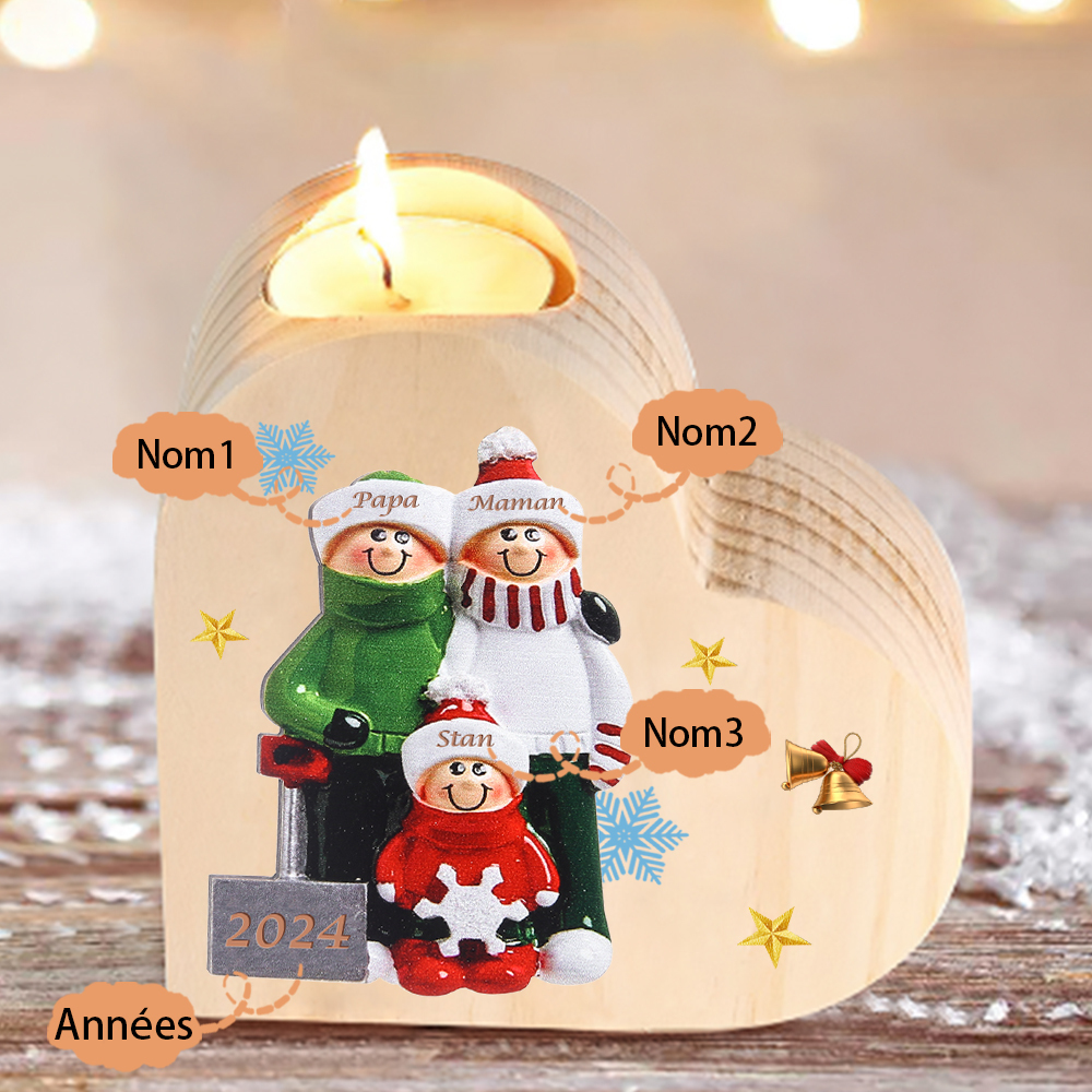 Bougeoir en Bois 3 Prénoms Personnalisés avec année sans bougie Cadeau Chaleureux pour la Famille | Jessemade