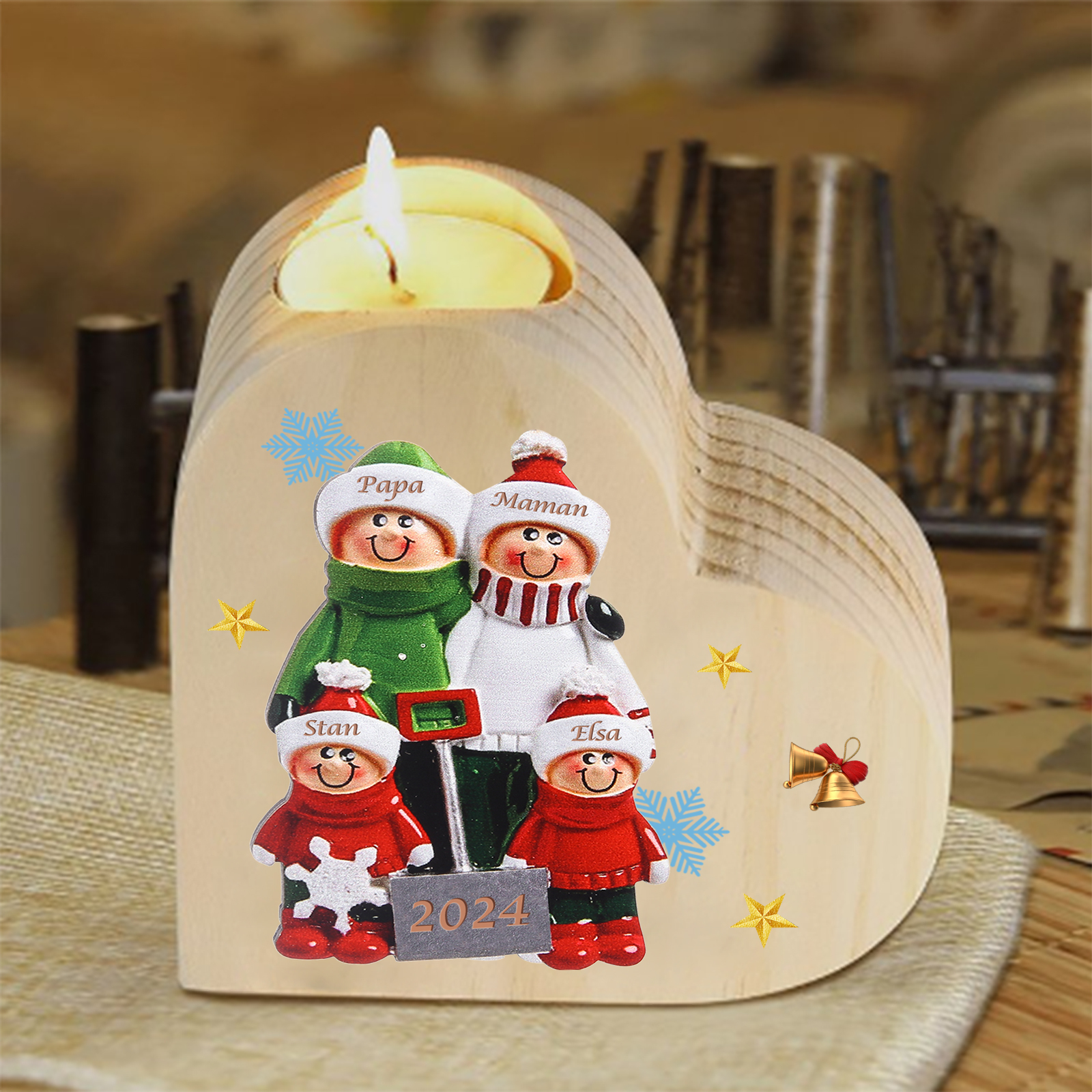 Bougeoir en Bois 4 Prénoms Personnalisés avec année sans bougie Cadeau Chaleureux pour la Famille | Jessemade