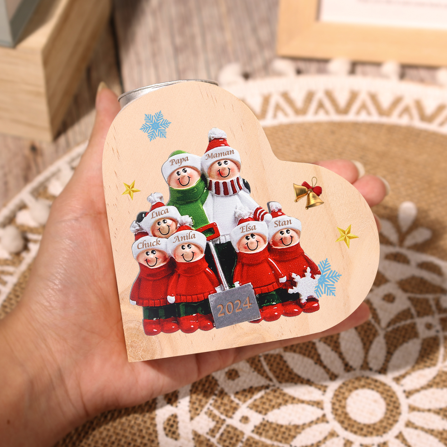 Bougeoir en Bois 7 Prénoms Personnalisés avec année sans bougie Cadeau Chaleureux pour la Famille | Jessemade