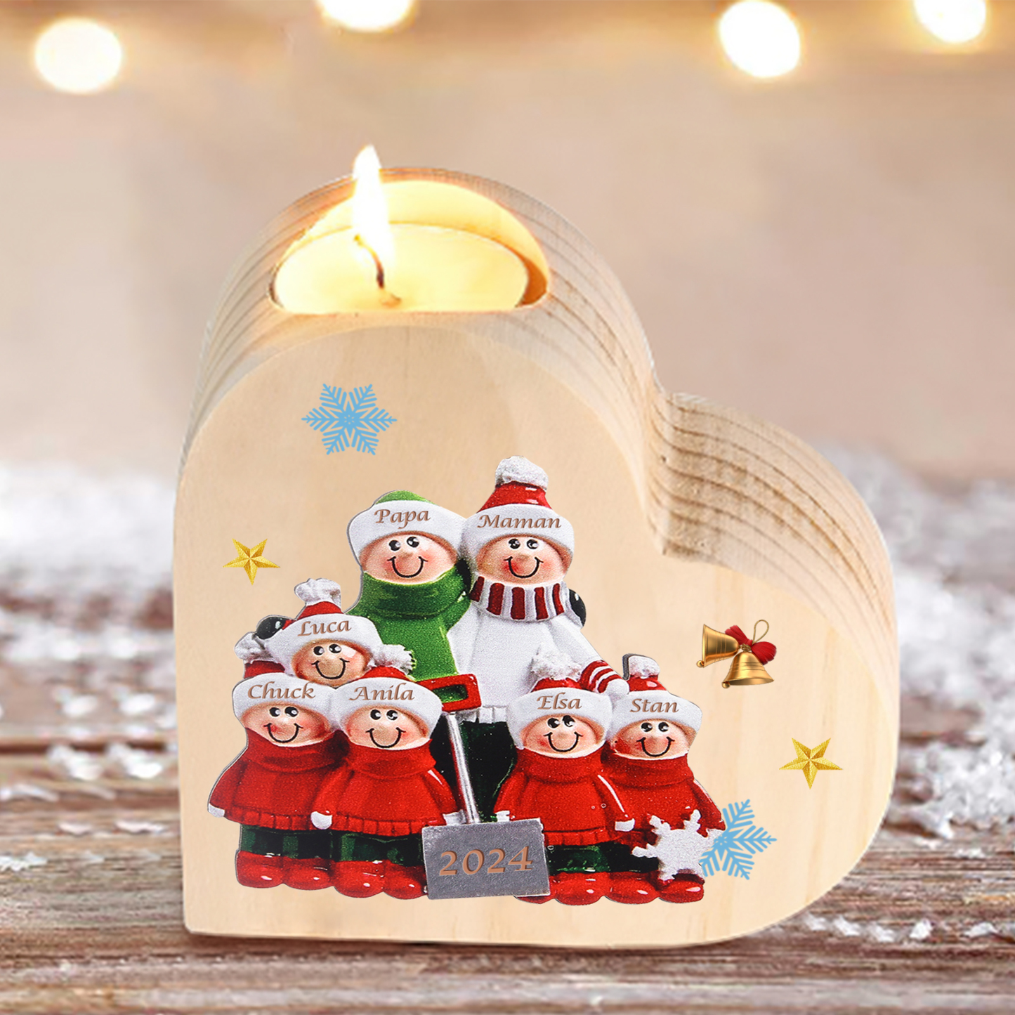Bougeoir en Bois 7 Prénoms Personnalisés avec année sans bougie Cadeau Chaleureux pour la Famille | Jessemade