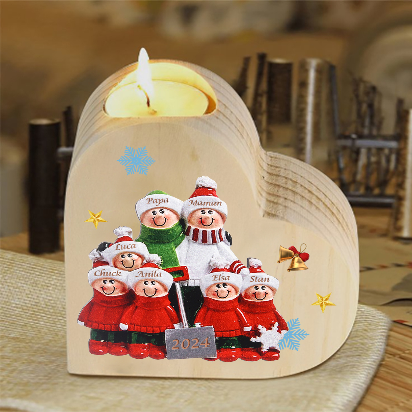 Bougeoir en Bois 7 Prénoms Personnalisés avec année sans bougie Cadeau Chaleureux pour la Famille | Jessemade