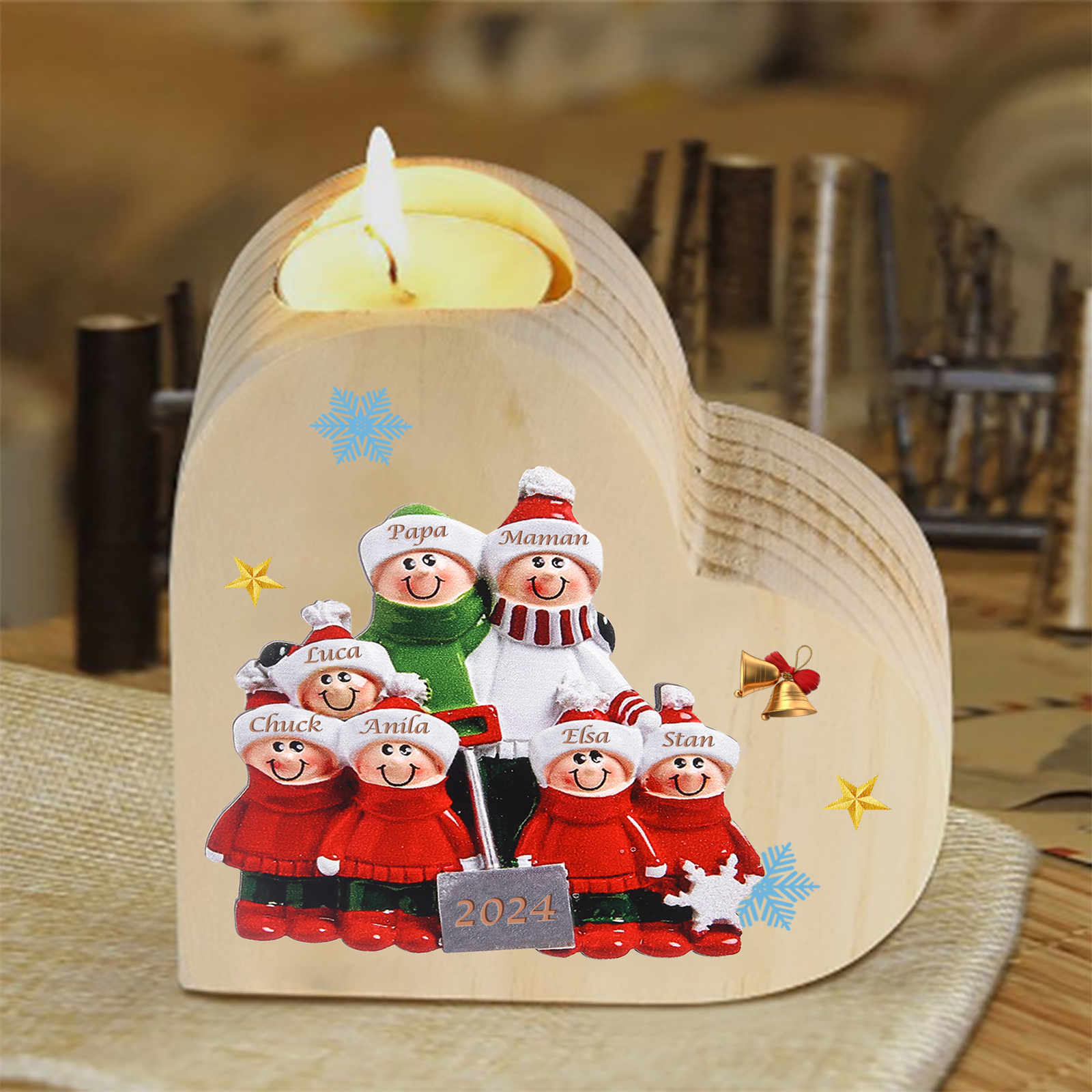 Bougeoir en Bois 7 Prénoms Personnalisés avec année sans bougie Cadeau Chaleureux pour la Famille | Jessemade