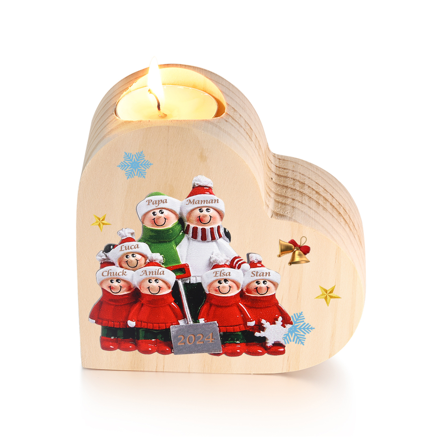 Bougeoir en Bois 7 Prénoms Personnalisés avec année sans bougie Cadeau Chaleureux pour la Famille | Jessemade