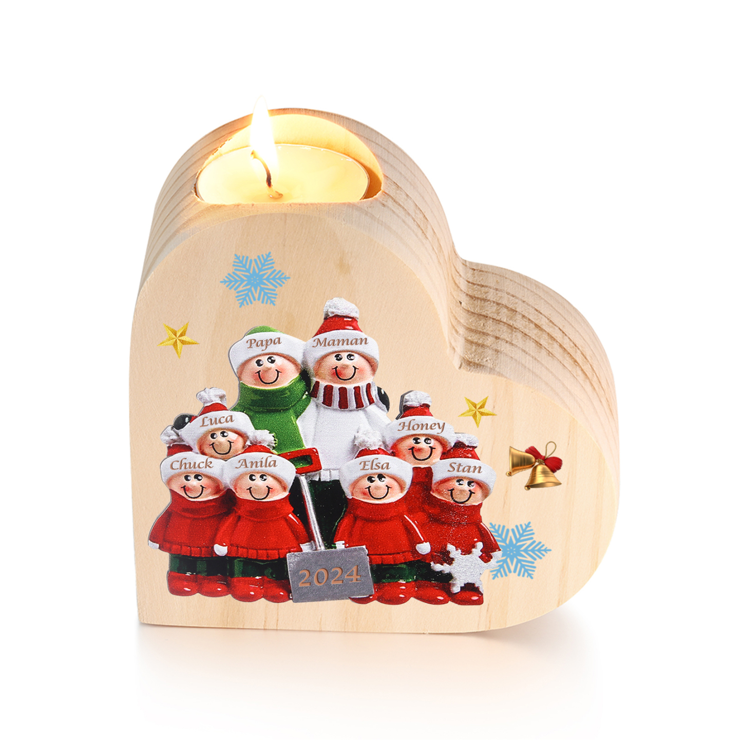 Bougeoir en Bois 8 Prénoms Personnalisés avec année sans bougie Cadeau Chaleureux pour la Famille | Jessemade