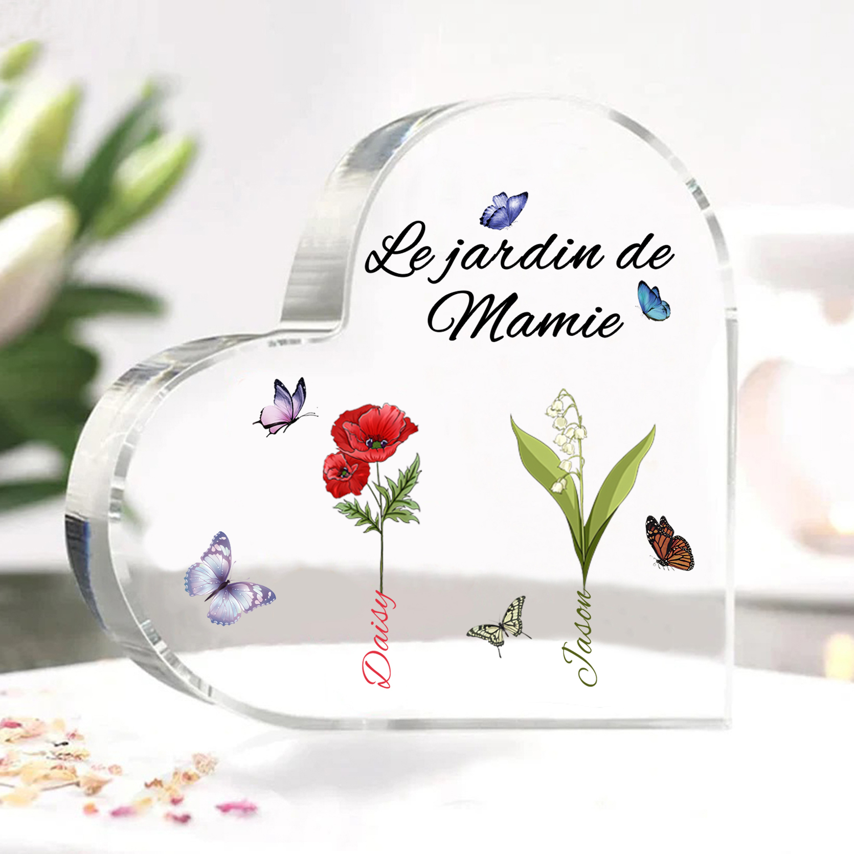 Plaque Acrylique Fleur Le jardin de Mamie 2 Prénoms Personnalisés avec texte Cadeau pour mamie | Jessemade