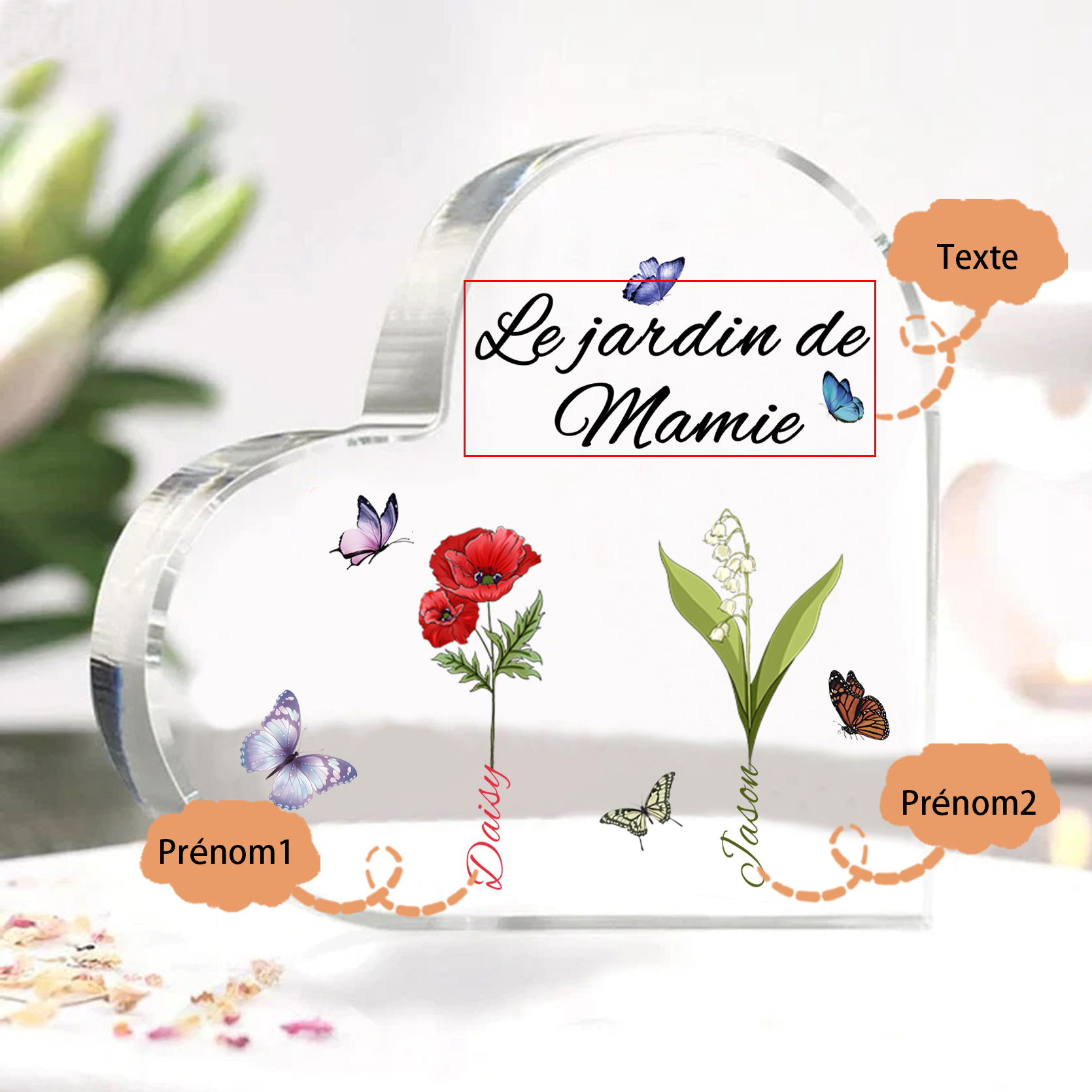 Plaque Acrylique Fleur Le jardin de Mamie 2 Prénoms Personnalisés avec texte Cadeau pour mamie | Jessemade