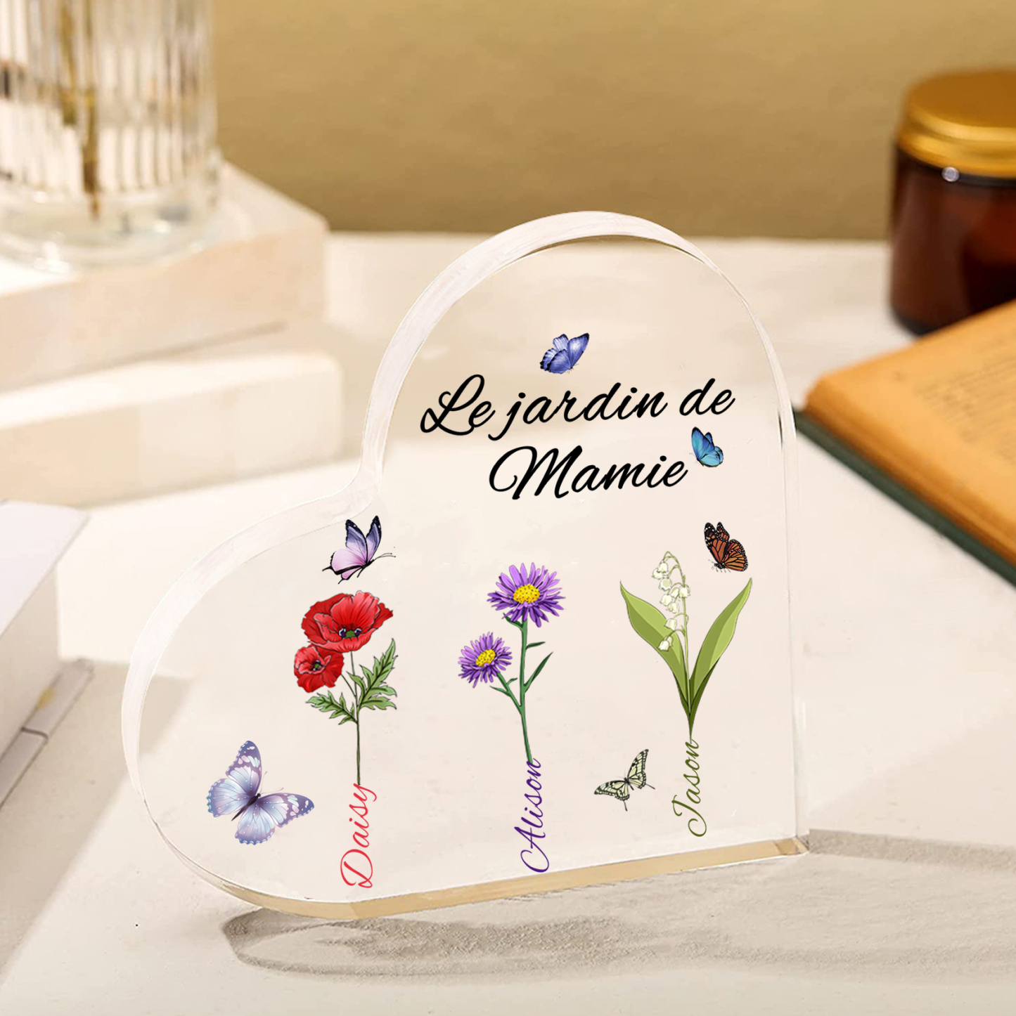 Plaque Acrylique Fleur Le jardin de Mamie 3 Prénoms Personnalisés avec texte Cadeau pour mamie | Jessemade