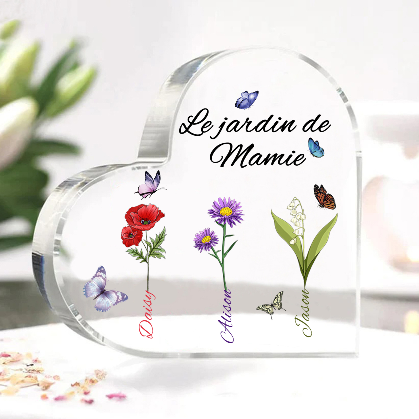 Plaque Acrylique Fleur Le jardin de Mamie 3 Prénoms Personnalisés avec texte Cadeau pour mamie | Jessemade