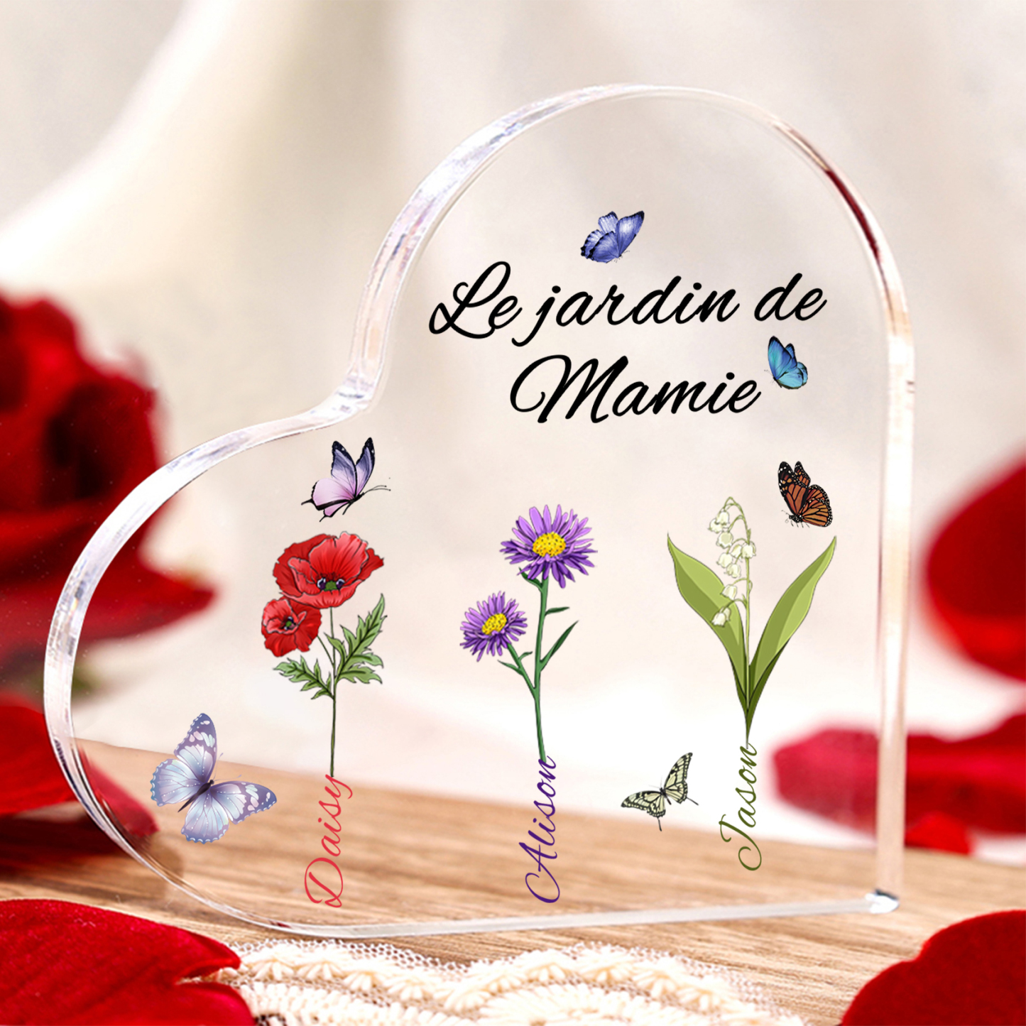 Plaque Acrylique Fleur Le jardin de Mamie 3 Prénoms Personnalisés avec texte Cadeau pour mamie | Jessemade