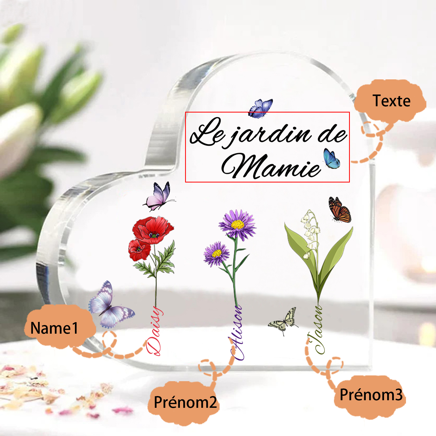 Plaque Acrylique Fleur Le jardin de Mamie 3 Prénoms Personnalisés avec texte Cadeau pour mamie | Jessemade