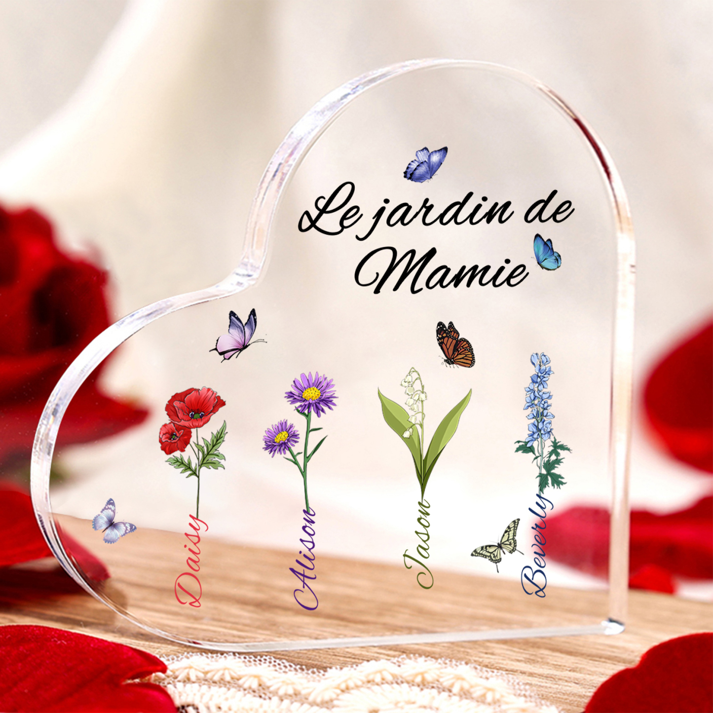 Plaque Acrylique Fleur Le jardin de Mamie 4 Prénoms Personnalisés avec texte Cadeau pour mamie | Jessemade