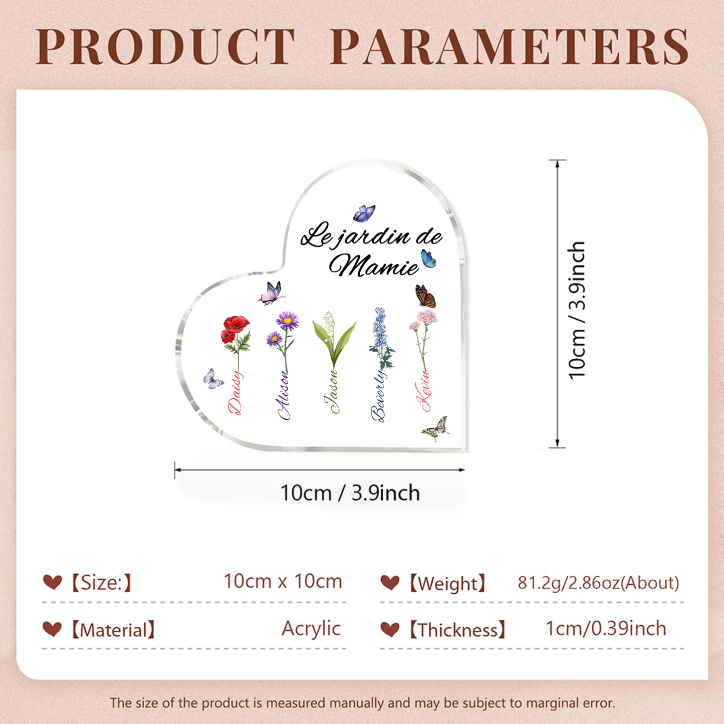 Plaque Acrylique Fleur Le jardin de Mamie 5 Prénoms Personnalisés avec texte Cadeau pour mamie | Jessemade