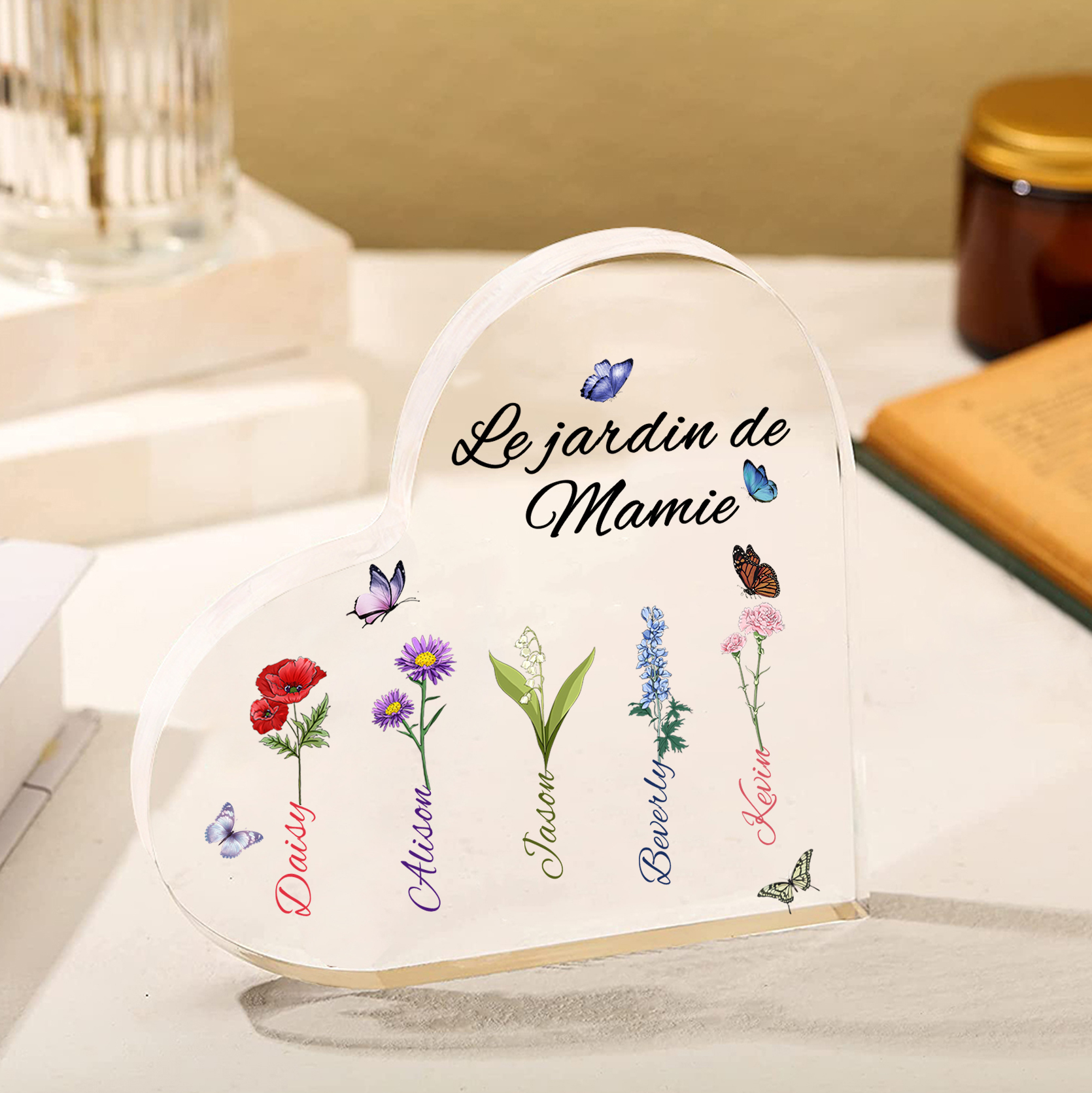 Plaque Acrylique Fleur Le jardin de Mamie 5 Prénoms Personnalisés avec texte Cadeau pour mamie | Jessemade