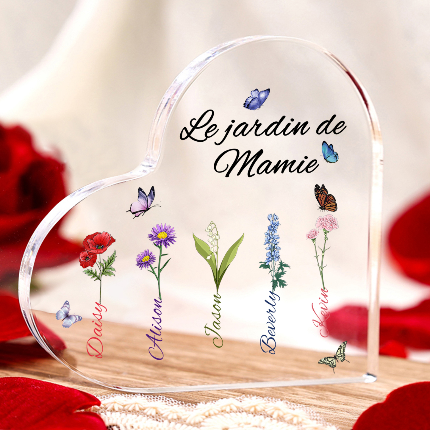 Plaque Acrylique Fleur Le jardin de Mamie 5 Prénoms Personnalisés avec texte Cadeau pour mamie | Jessemade