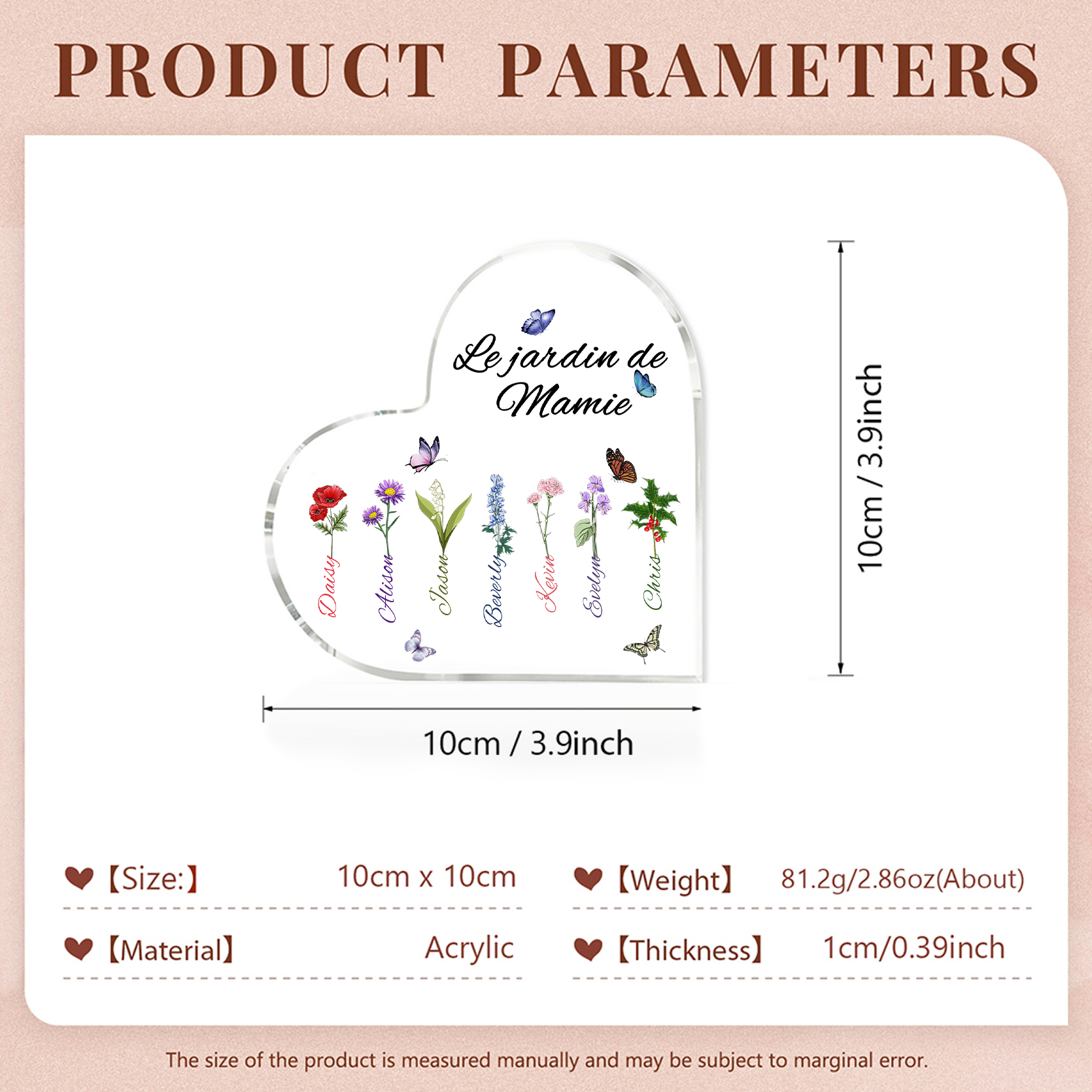 Plaque Acrylique Fleur Le jardin de Mamie 7 Prénoms Personnalisés avec texte Cadeau pour mamie | Jessemade
