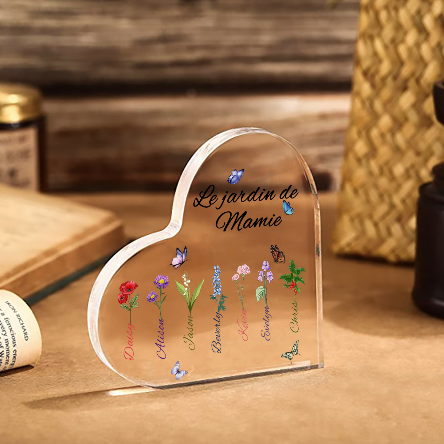 Plaque Acrylique Fleur Le jardin de Mamie 7 Prénoms Personnalisés avec texte Cadeau pour mamie | Jessemade