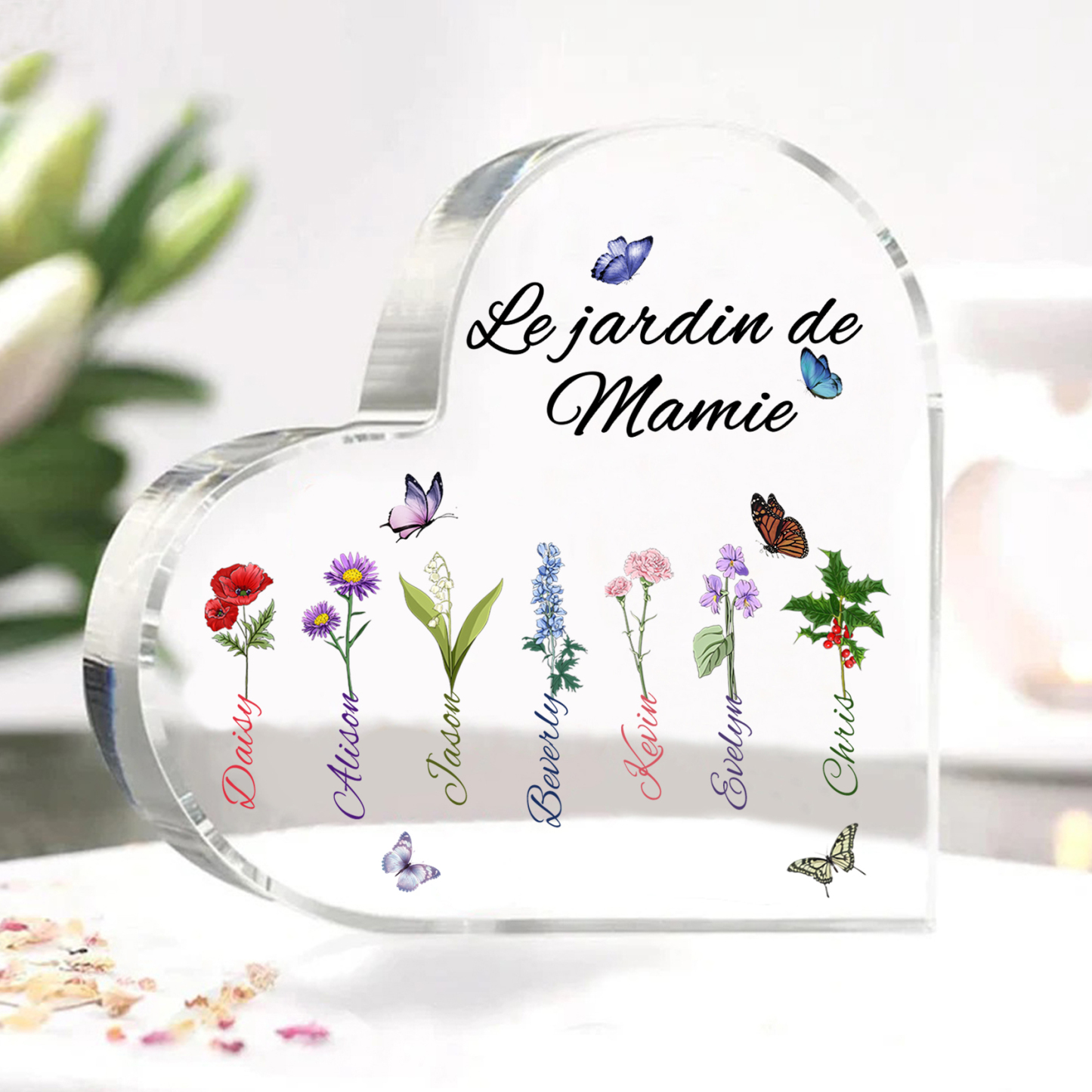 Plaque Acrylique Fleur Le jardin de Mamie 7 Prénoms Personnalisés avec texte Cadeau pour mamie | Jessemade