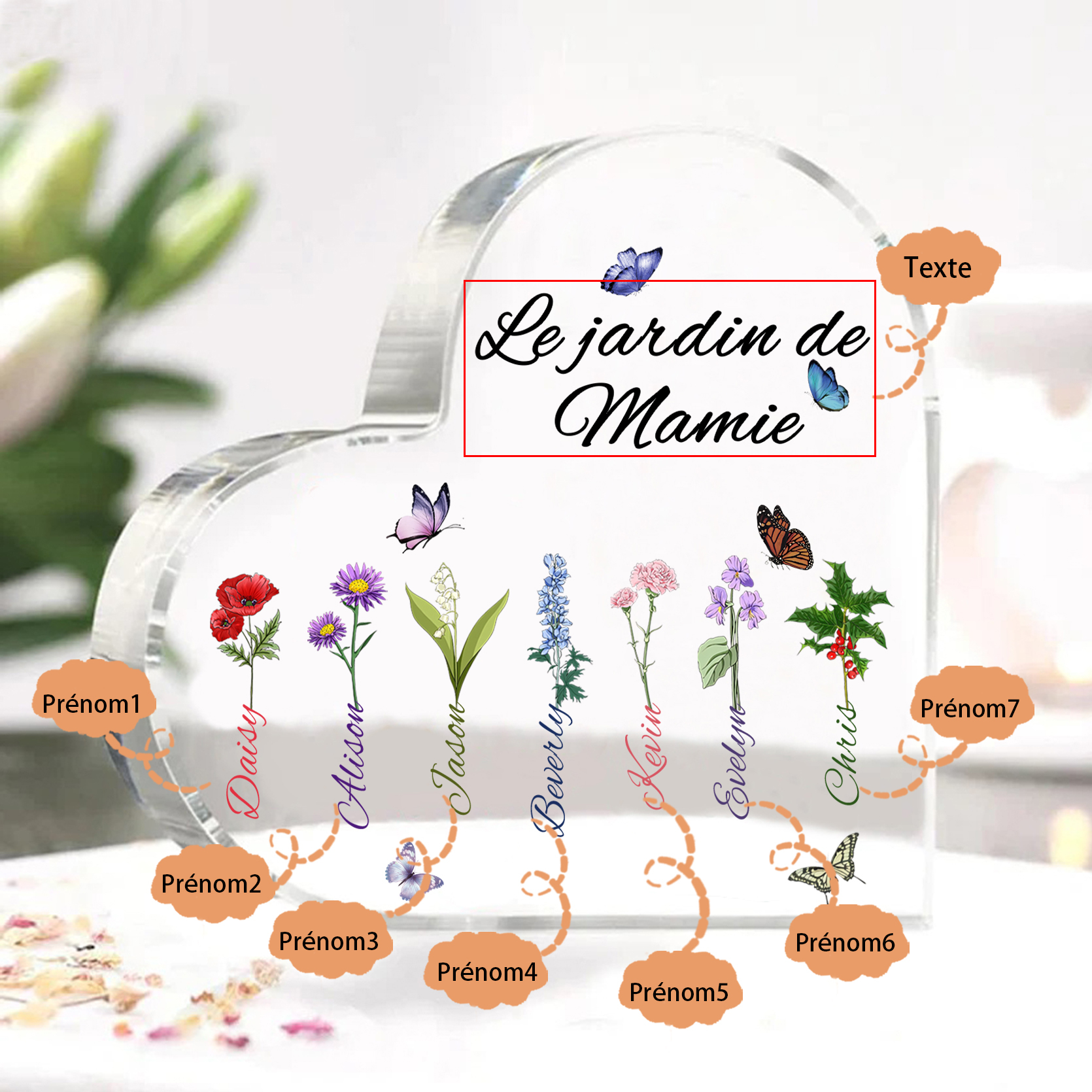 Plaque Acrylique Fleur Le jardin de Mamie 7 Prénoms Personnalisés avec texte Cadeau pour mamie | Jessemade